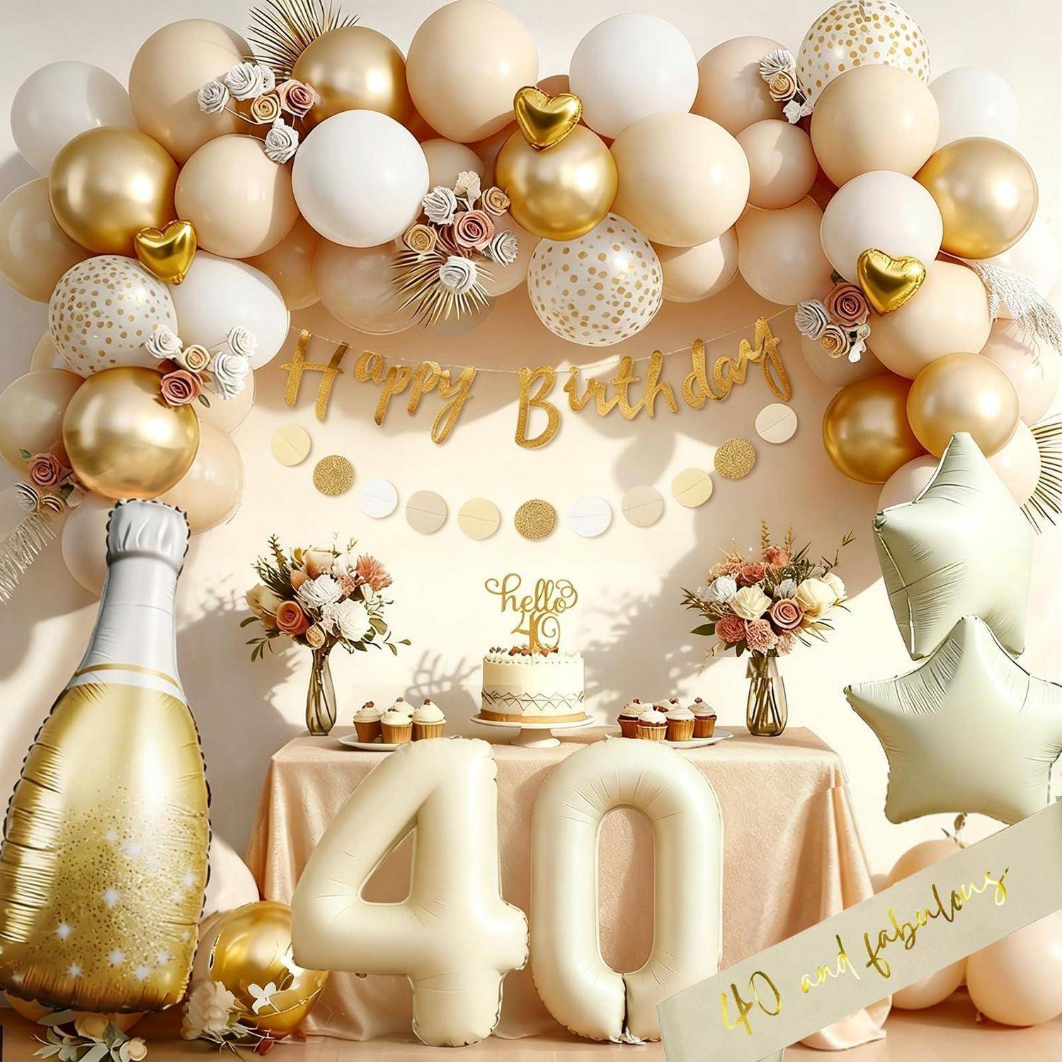 Geburtstagsparty-Setup zum 40. Geburtstag mit Gold- und Creme-Ballonbogen, „Happy Birthday