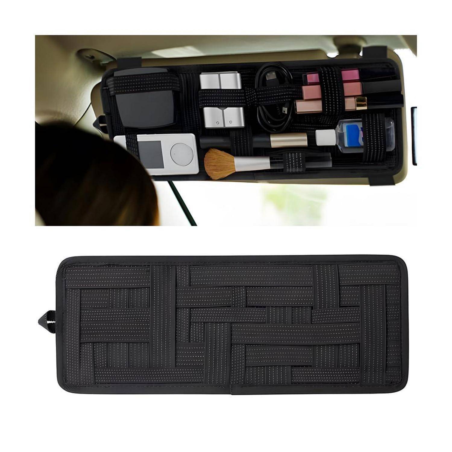 Offener schwarzer Reißverschluss-Organizer mit ordentlich befestigten Make-up- und Pflegeprodukten, darunter das geschlossene Etui.