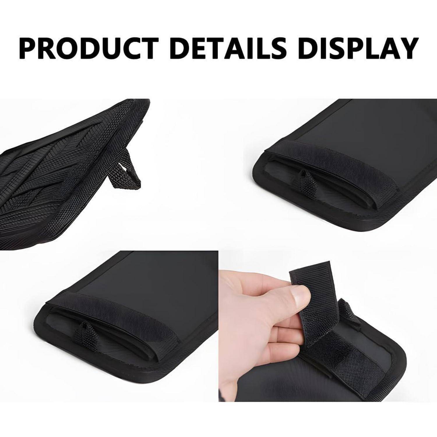 Produktdetails einer schwarzen gepolsterten Schlaufe mit Klettverschluss, gezeigt in Nahaufnahmen und wird von Hand befestigt.