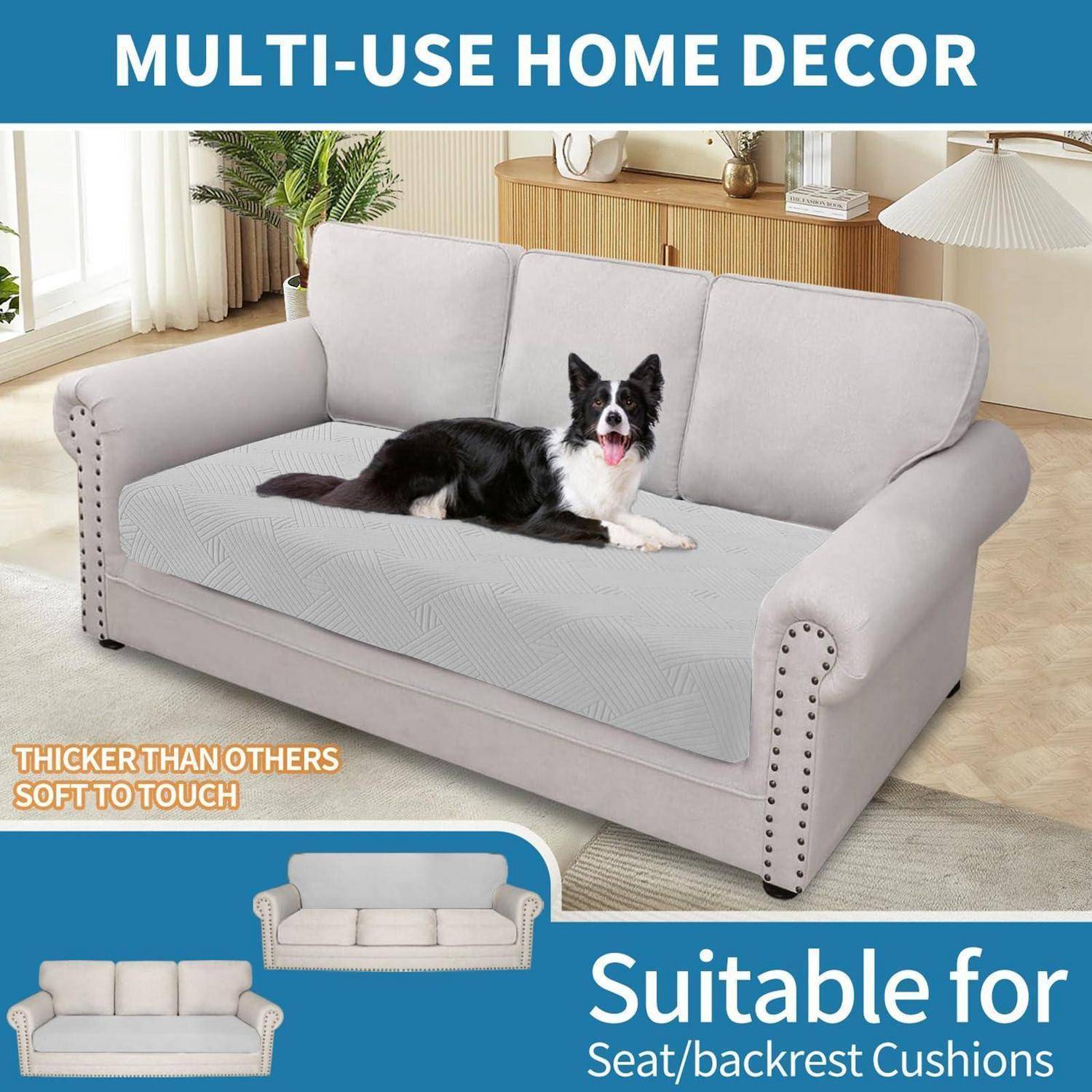 Hellgrauer Sofabezug mit einem Hund darauf, gekennzeichnet als „MULTI-USE HOME DECOR
