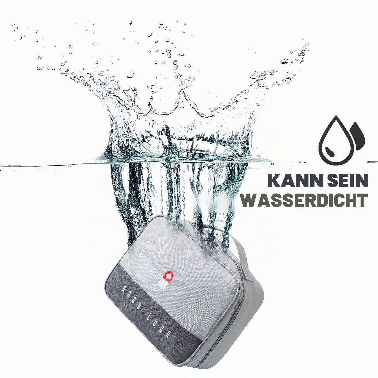 Wasserdichte Tasche, mit Wasser bespritzt, mit Tropfensymbol und deutschem Text „KANN SEIN WASSERDICHT", das andeuten könnte, dass sie wasserdicht ist.