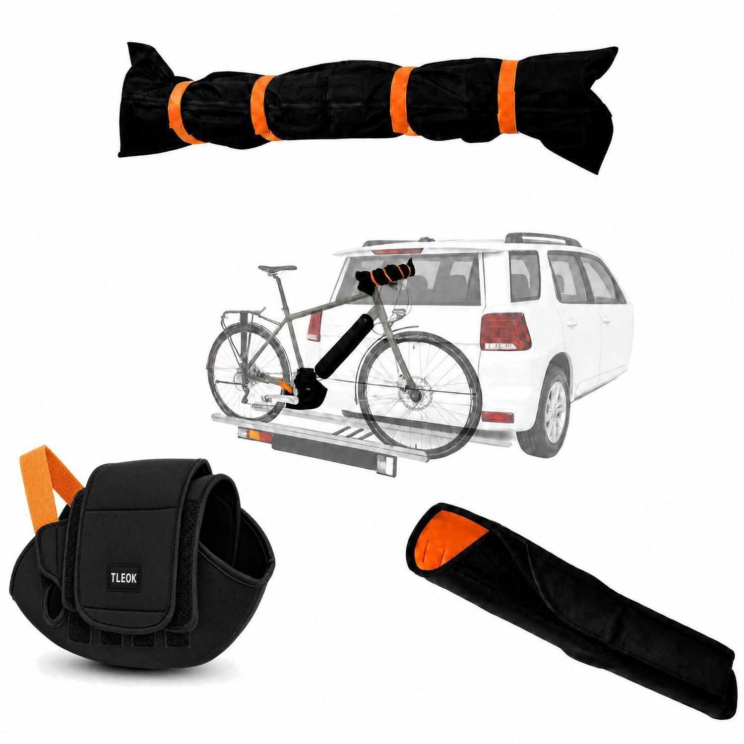 Fahrradständer-Riemen-Zubehör in Schwarz und Orange, gezeigt montiert auf einem Fahrrad, das an einem Auto angebracht ist, und als separate Aufbewahrungshülsen.