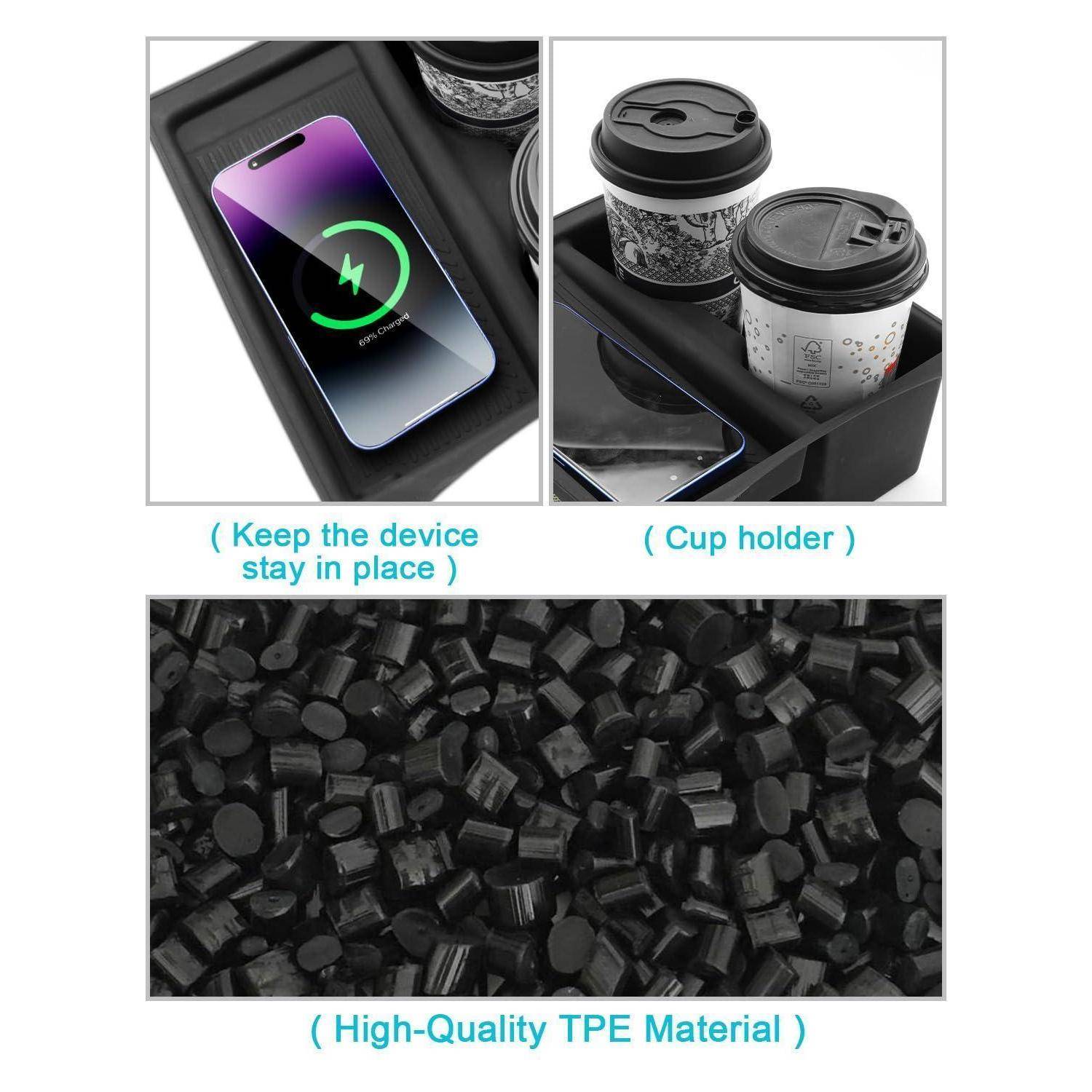 Auto-Organizer mit integriertem kabellosen Ladepad, Getränkehaltern und einer hochwertigen TPE-Materialoberfläche in detaillierten Nahaufnahmen.