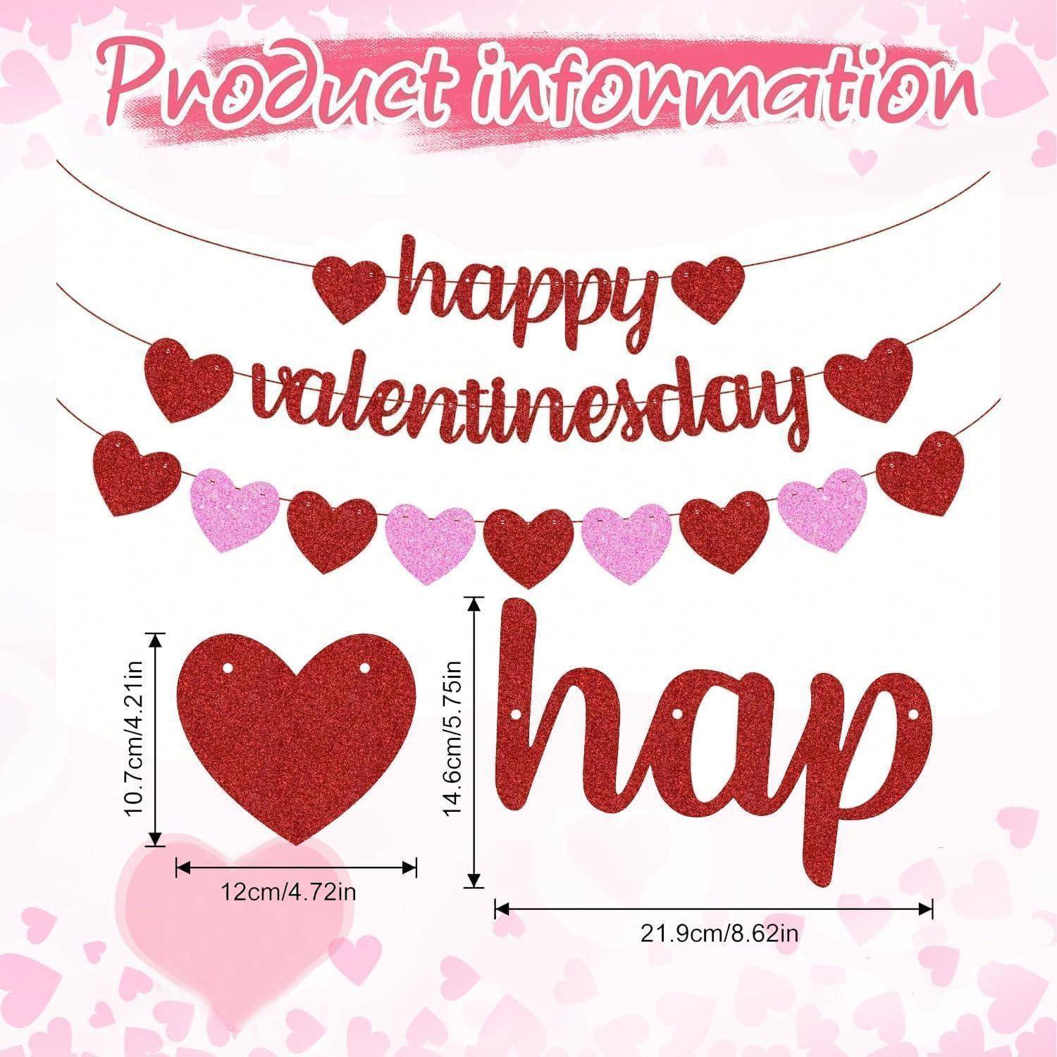 Produktinformationen-Grafik für eine Valentinstag-Dekoration mit glitzerndem roten Banner "Happy Valentinesday"" mit Herzgirlanden und Größen: Herz 12 cm breit, ""Hap"" 21,9 cm breit, 14,6 cm hoch.