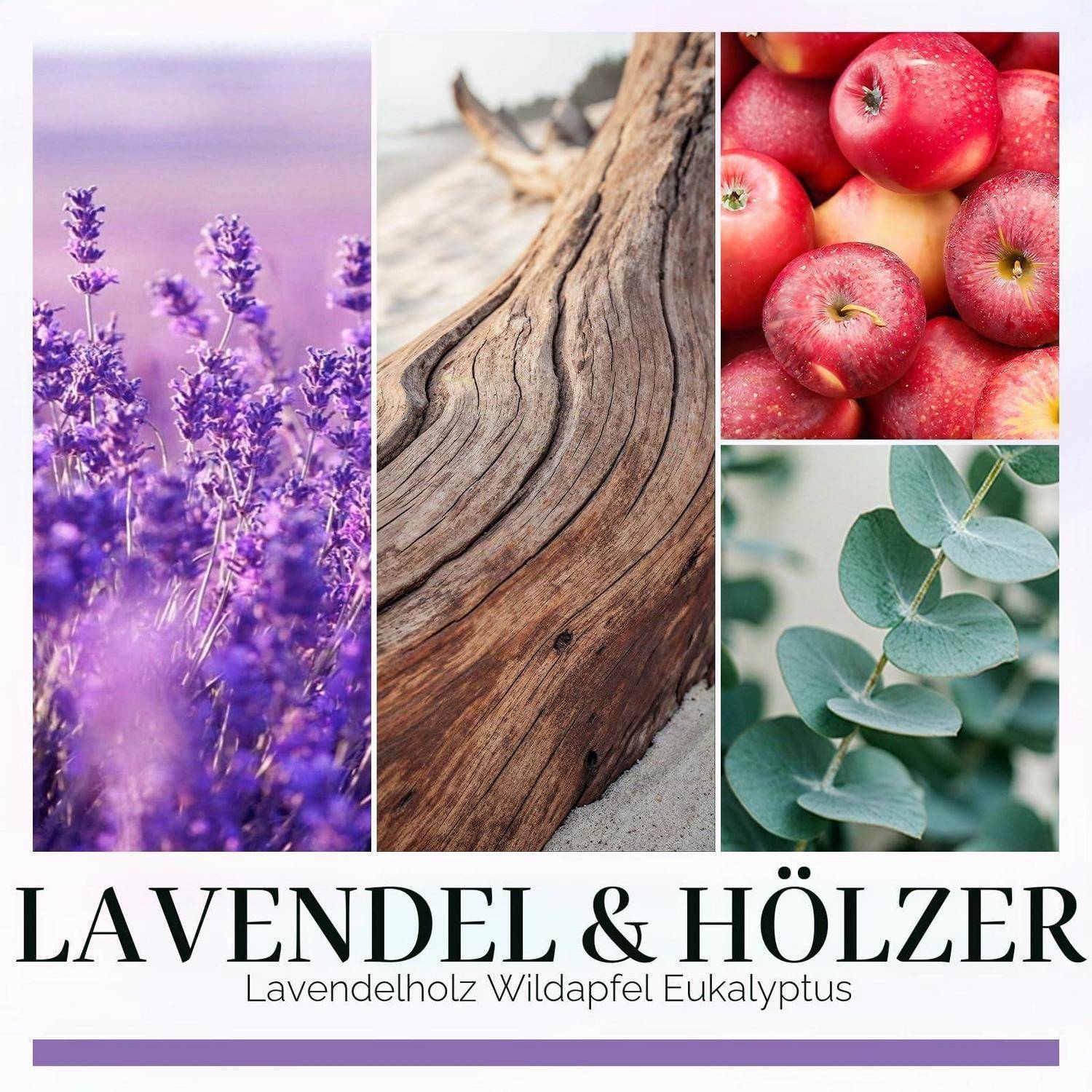 Collage aus Lavendelblüten, verwittertem Holz, roten Äpfeln und Eukalyptusblättern mit dem Text „LAVENDEL & HÖLZER" und „Lavendelholz Wildapfel Eukalyptus"".