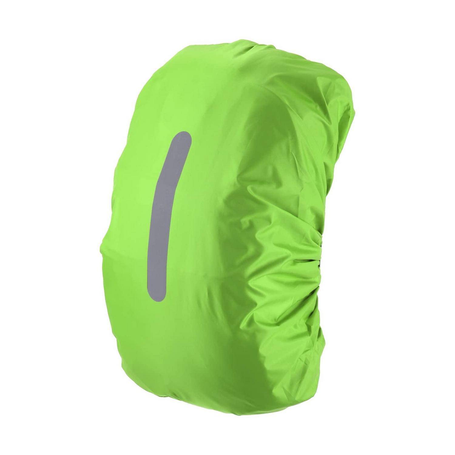 Leuchtend grüne Rucksackregenschutz mit vertikalem grauem Reflexstreifen auf der Vorderseite.