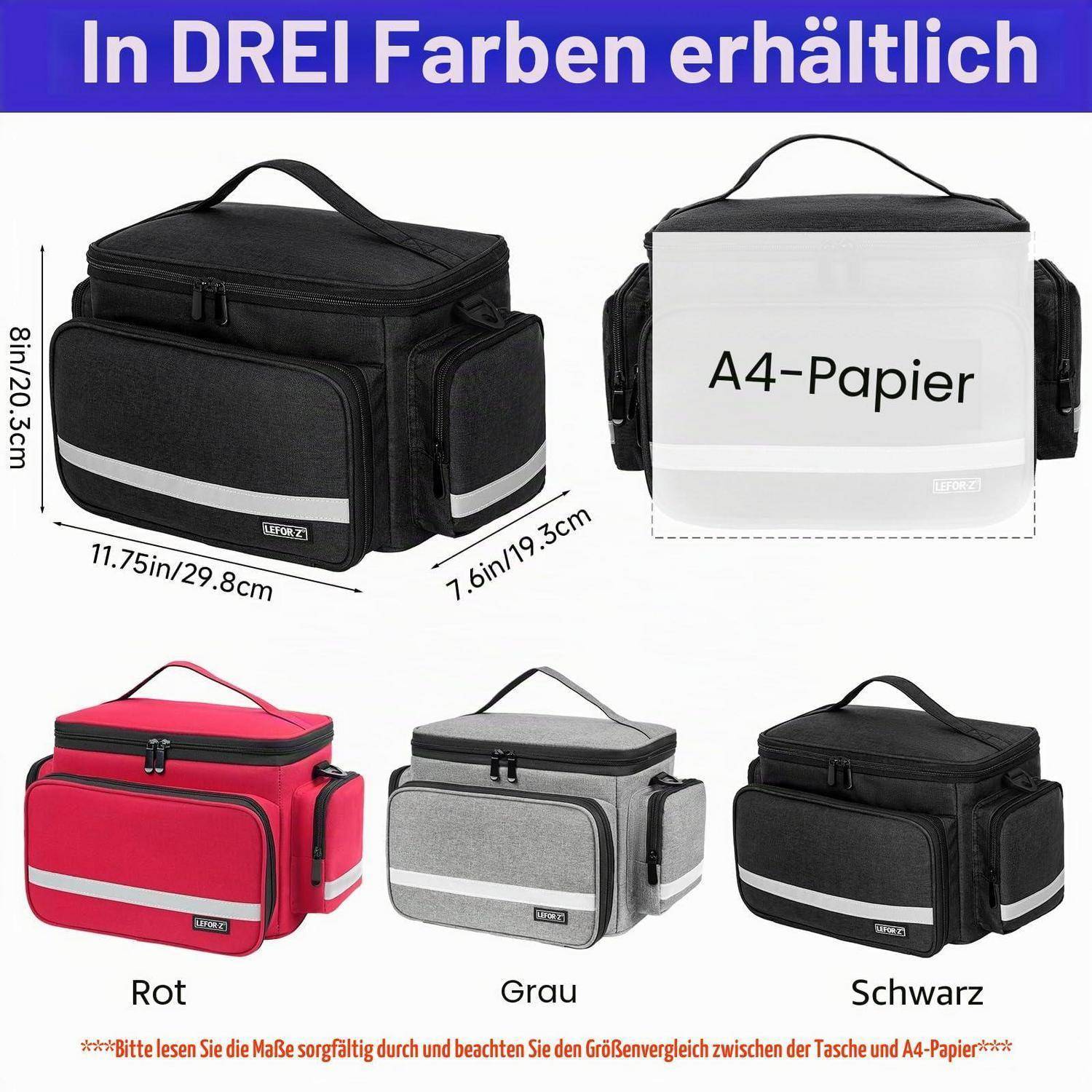 Isolierte Lunchbox in drei Farben – rot, grau und schwarz – mit den Abmessungen 11,75 x 7,6 x 8 Zoll; passt A4-Papier.