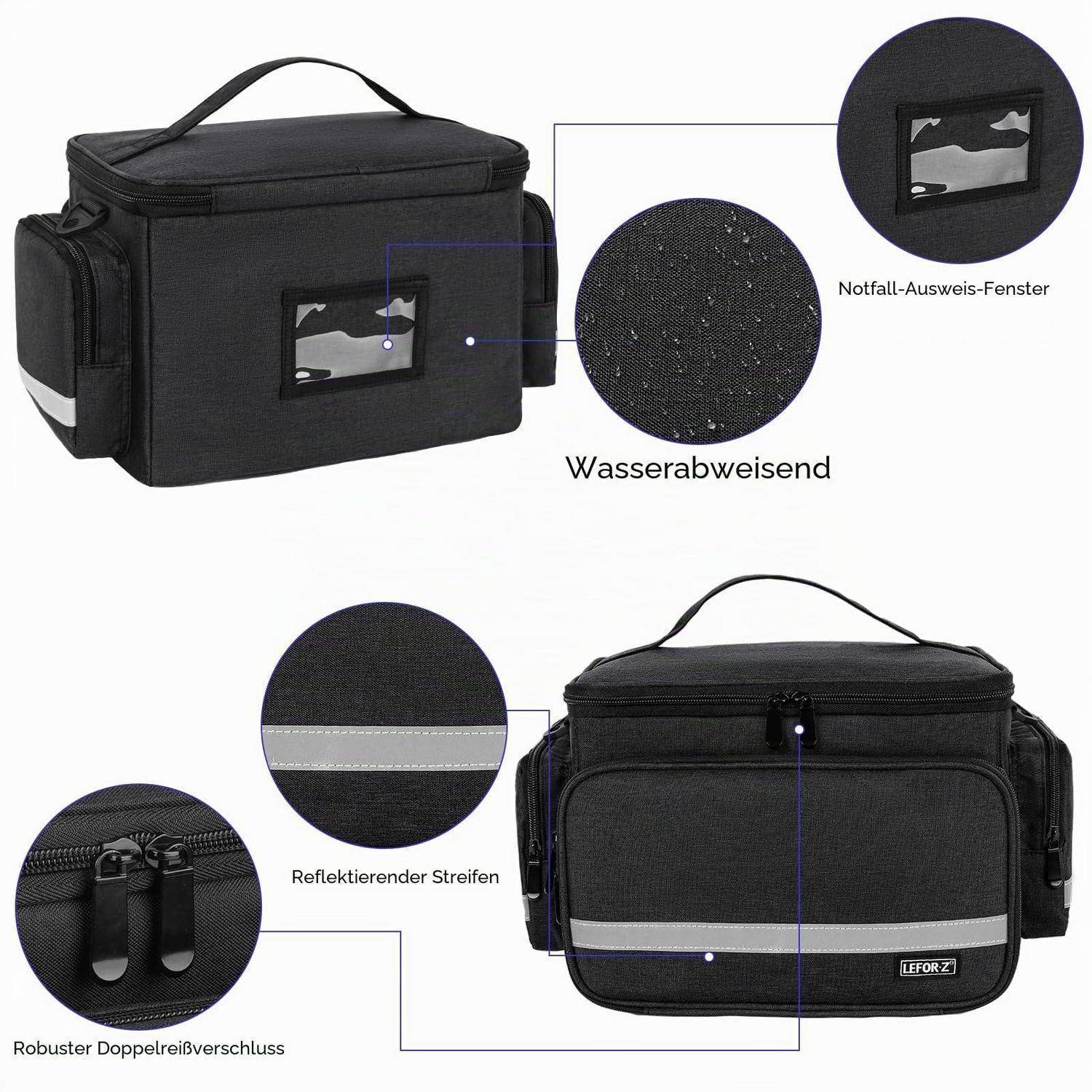 Schwarze isolierte Kühltasche mit Griff und Schultergurt, mit wasserabweisendem Material, Reflektorstreifen, doppeltem Reißverschluss und Notfall-ID-Fenster