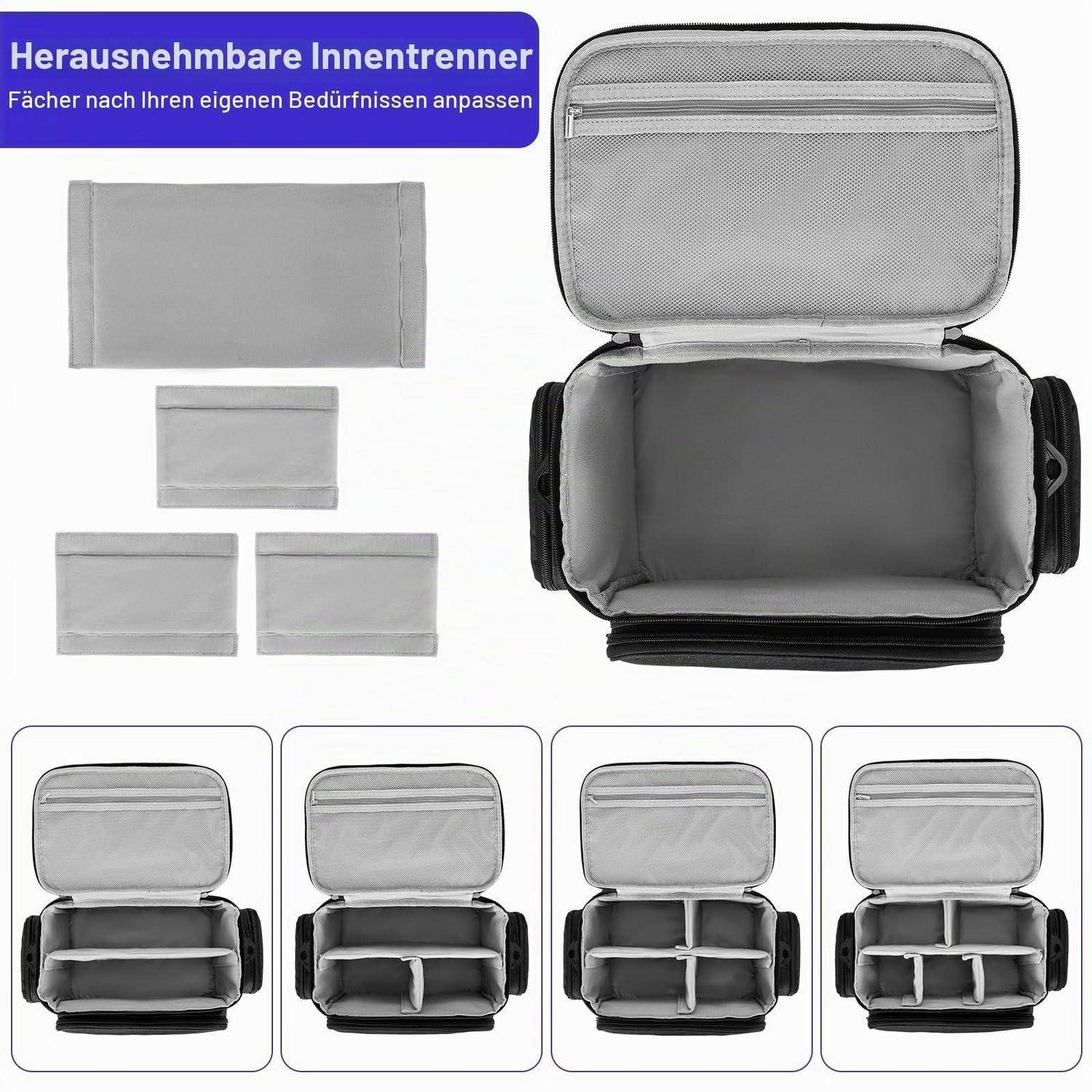 Isolierte Lunchbox mit abnehmbaren Trennwänden, aufgeklappt dargestellt, mit vier Layoutoptionen für verstellbare Fächer.
