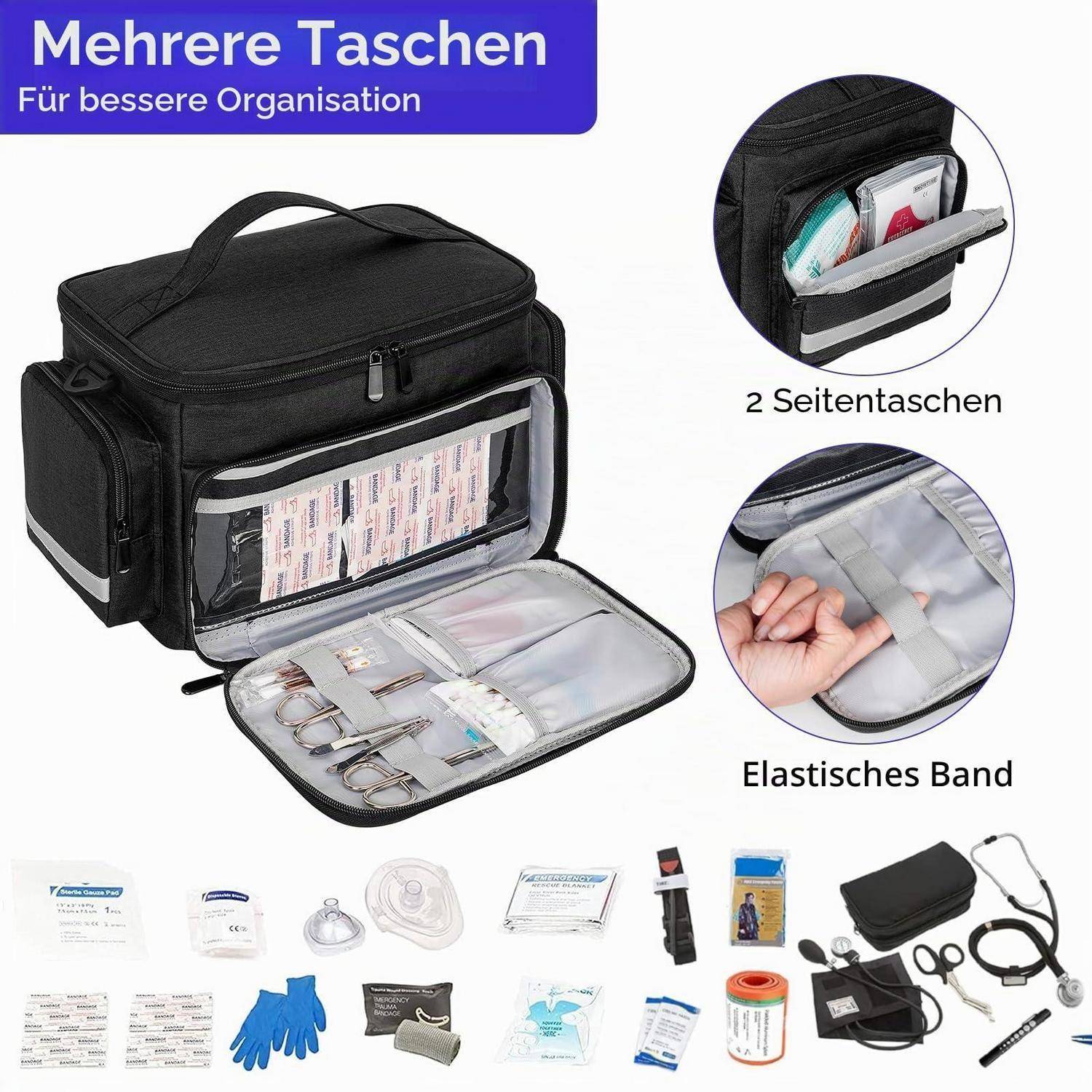 Schwarze medizinische Organizer-Tasche mit transparenter Vordertasche und offenem Tablett, zeigt mehrere Fächer, 2 Seitentaschen und Gummibänder für bessere Organización.