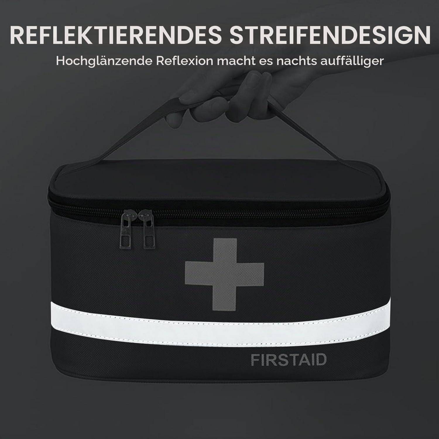 Schwarze Erste-Hilfe-Tasche mit reflektierendem weißem Sicherheitsstreifen und Kreuz, gezeigt mit deutschem Text über hochglänzende Reflexion, die sie nachts sichtbarer macht.