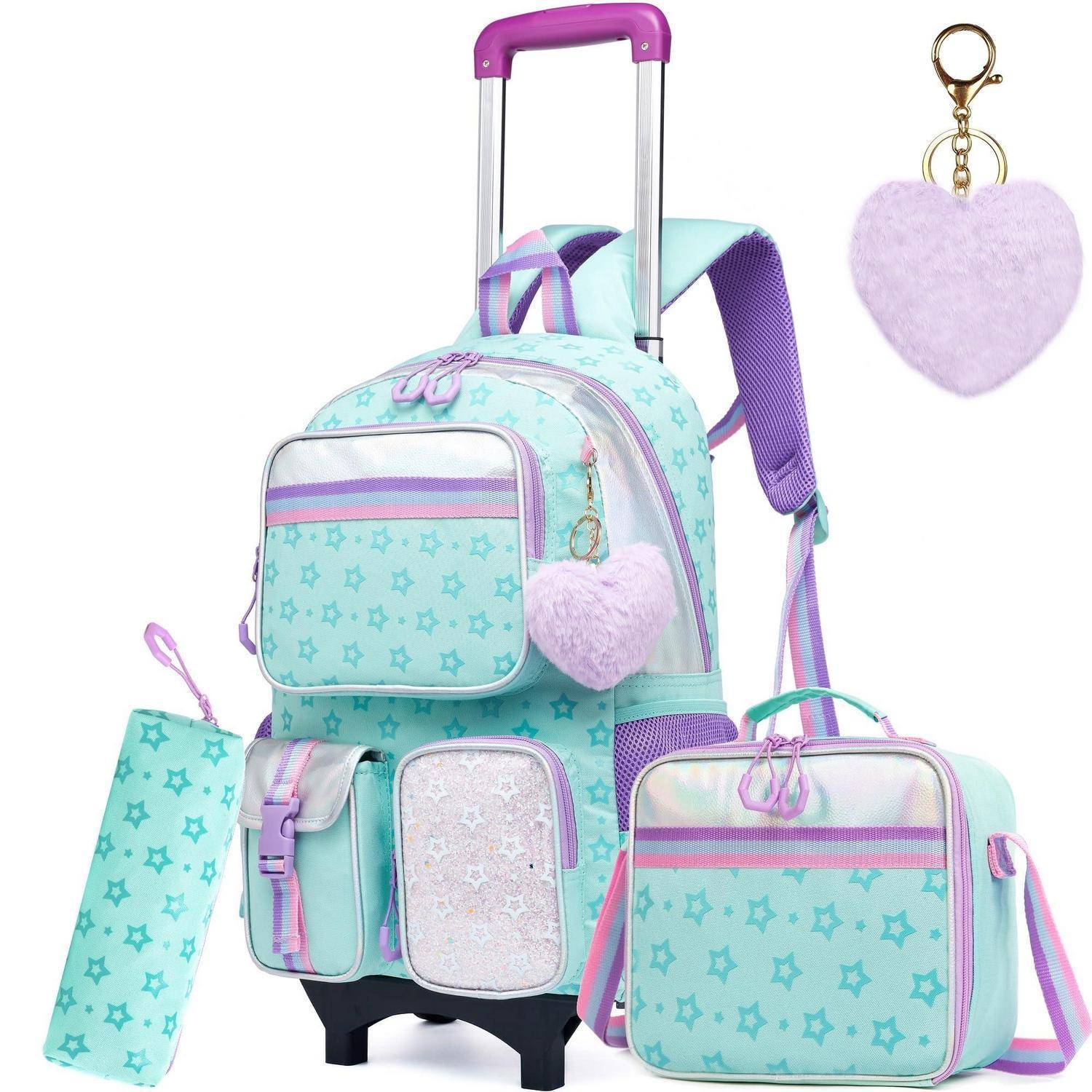 Mint- und violett farbiges rollbares Kinderrucksack-Set mit passendem Lunchpaket, Federmäppchen und Herz-Schlüsselanhänger.