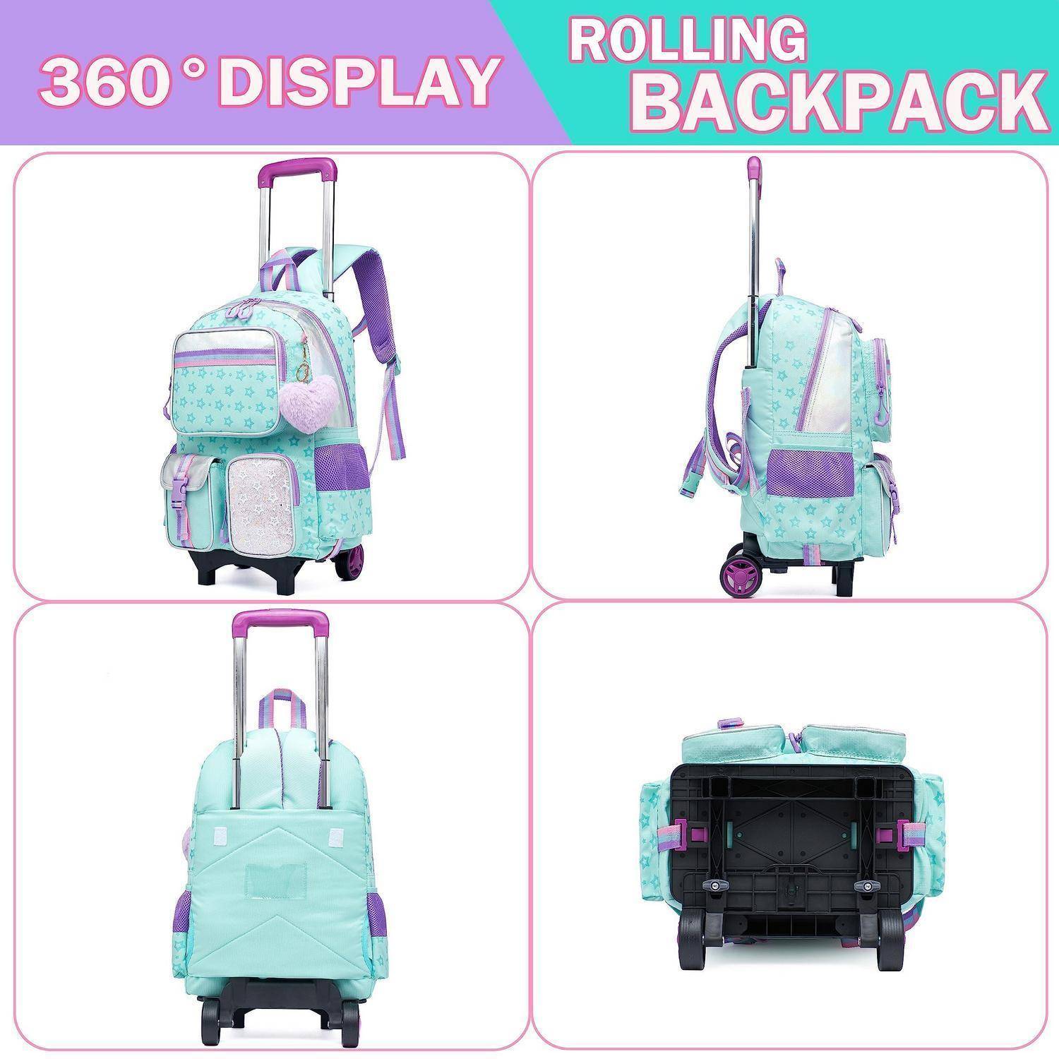 Vier-Ansicht-Produktbild eines mint- und violett gefärbten Rollrucksacks mit ausziehbarem Griff, Seitenwheels, vorderen Taschen und einer Unteransicht der Basis.