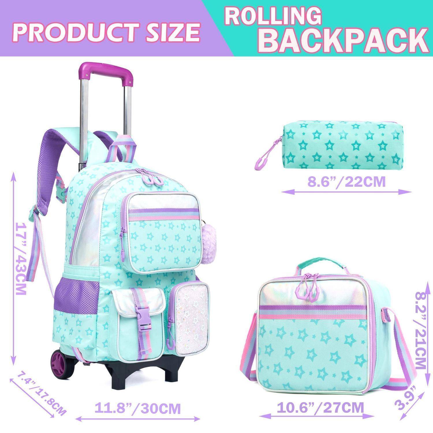 Rucksack mit Rollen – Größentabelle mit Abmessungen eines Rucksacks mit Rädern: 43 cm / 17" hoch, 30 cm / 11,8"" breit, 12 cm / 4,7"" tief; Zubehör in den Größen 22 cm / 8,6"" und 27 cm / 10,6"".