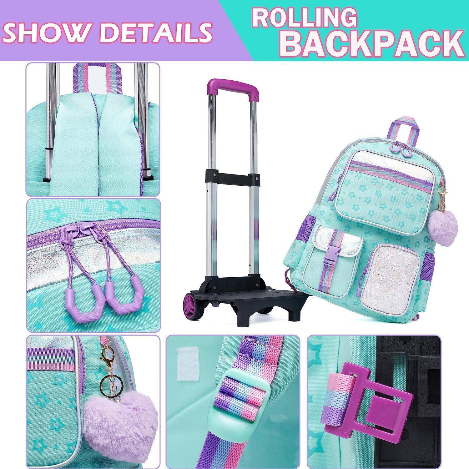 Collage eines mintgrünen und violetten Rollkoffers, der das Teleskopgriff, gepolsterte Rückseite, Reißverschlusszüge, Schultergurt, flauschiges Charm und Schnallenendetails zeigt.