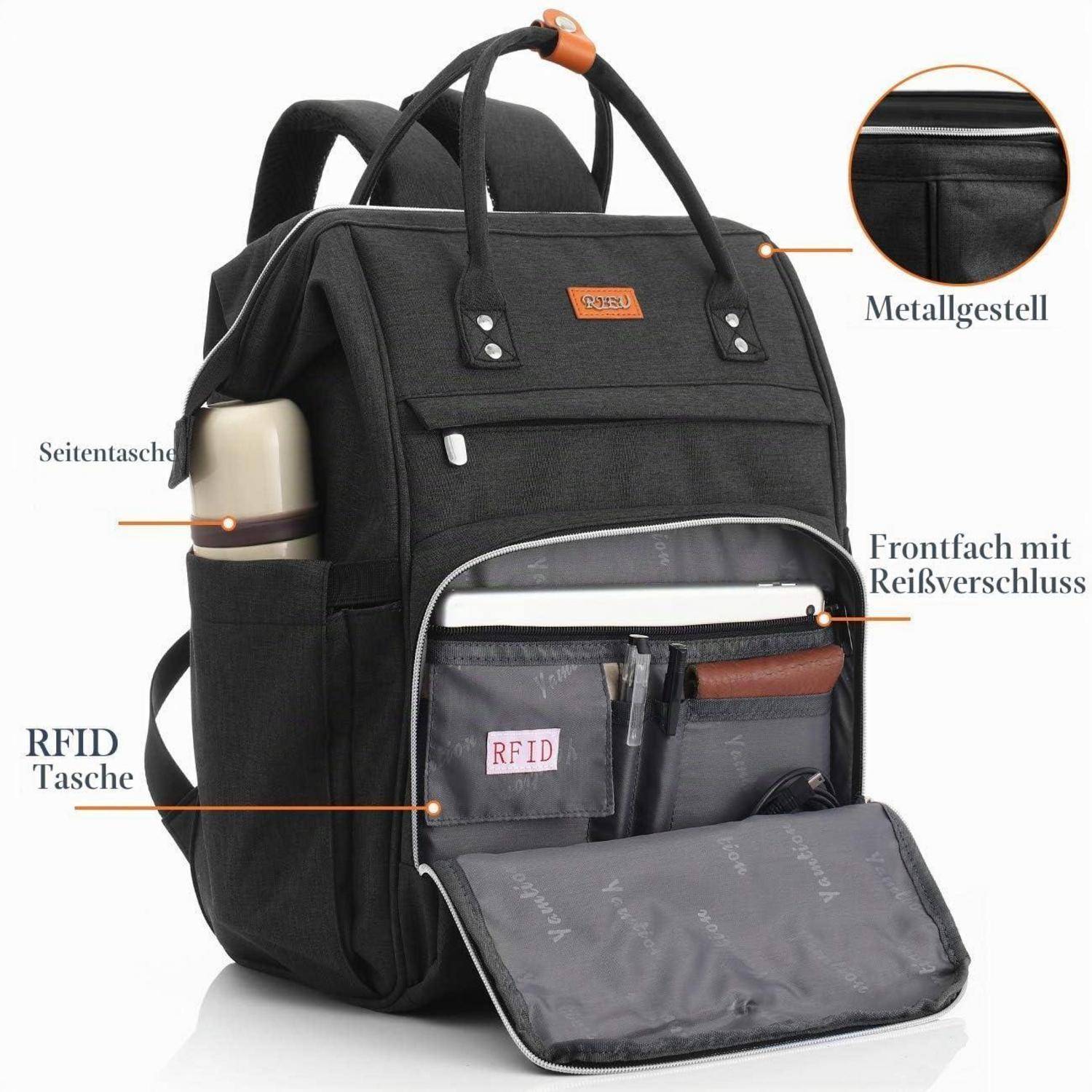 Schwarzer Rucksack mit Metallrahmen, Seitentasche und vorderem Reißverschlussfach, geöffnet, um RFID-Tasche und Organizertaschen zu zeigen; deutsche Beschriftungen heben die Funktionen hervor.