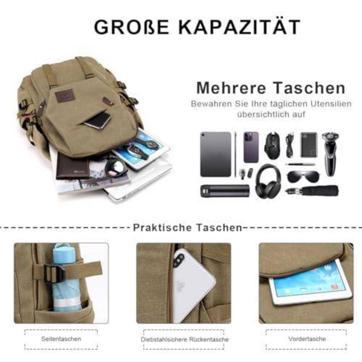 Deutscher Rucksack-Angebot mit "GROßE KAPAZITÄT"" und ""Mehrere Taschen""; beiger Rucksack fasst tägliche Essentials, mit hervorgehobenen Seiten-, Diebstahlschutz-Rücken- und Vordertaschen.
