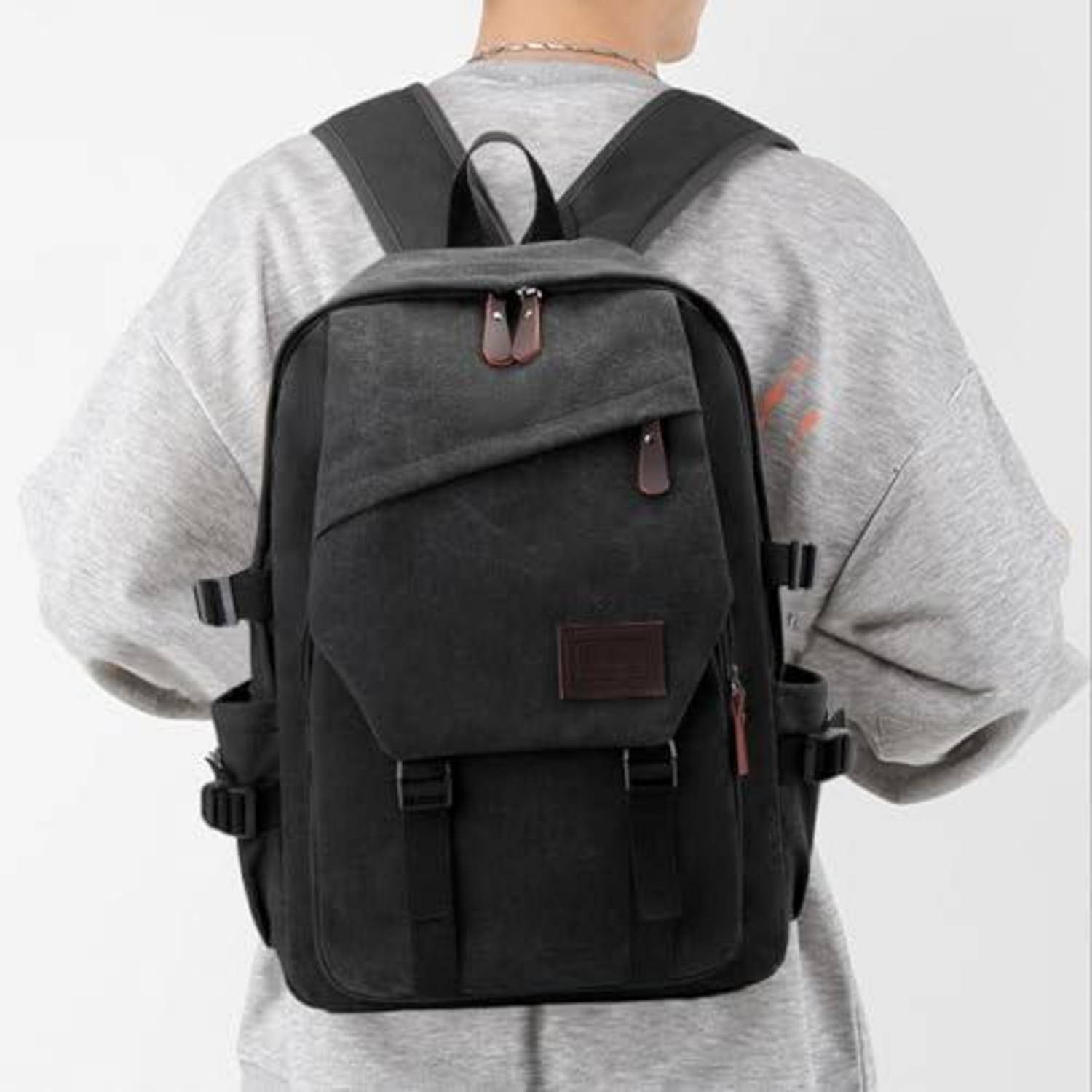 SONARIN Canvas Rucksack Herren Schwarz 15,6 Zoll Laptop Arbeit Schule Reise