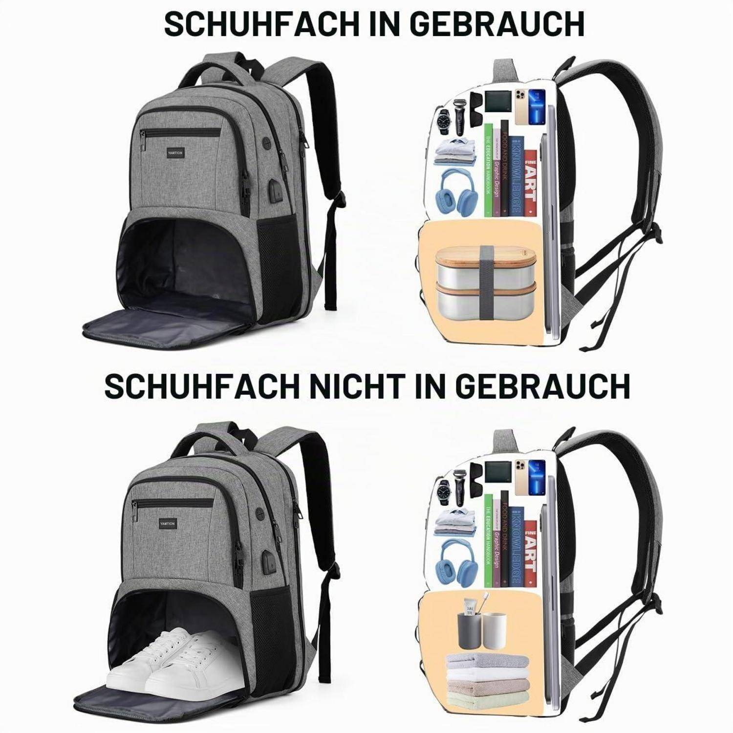 Illustration zum Vergleich des Rucksack-Schuhfaches offen und geschlossen: "SCHUHFACH IN GEBRAUCH"" zeigt Schuhe im Inneren gelagert, ""SCHUHFACH NICHT IN GEBRAUCH"" zeigt stattdessen andere Gegenstände.