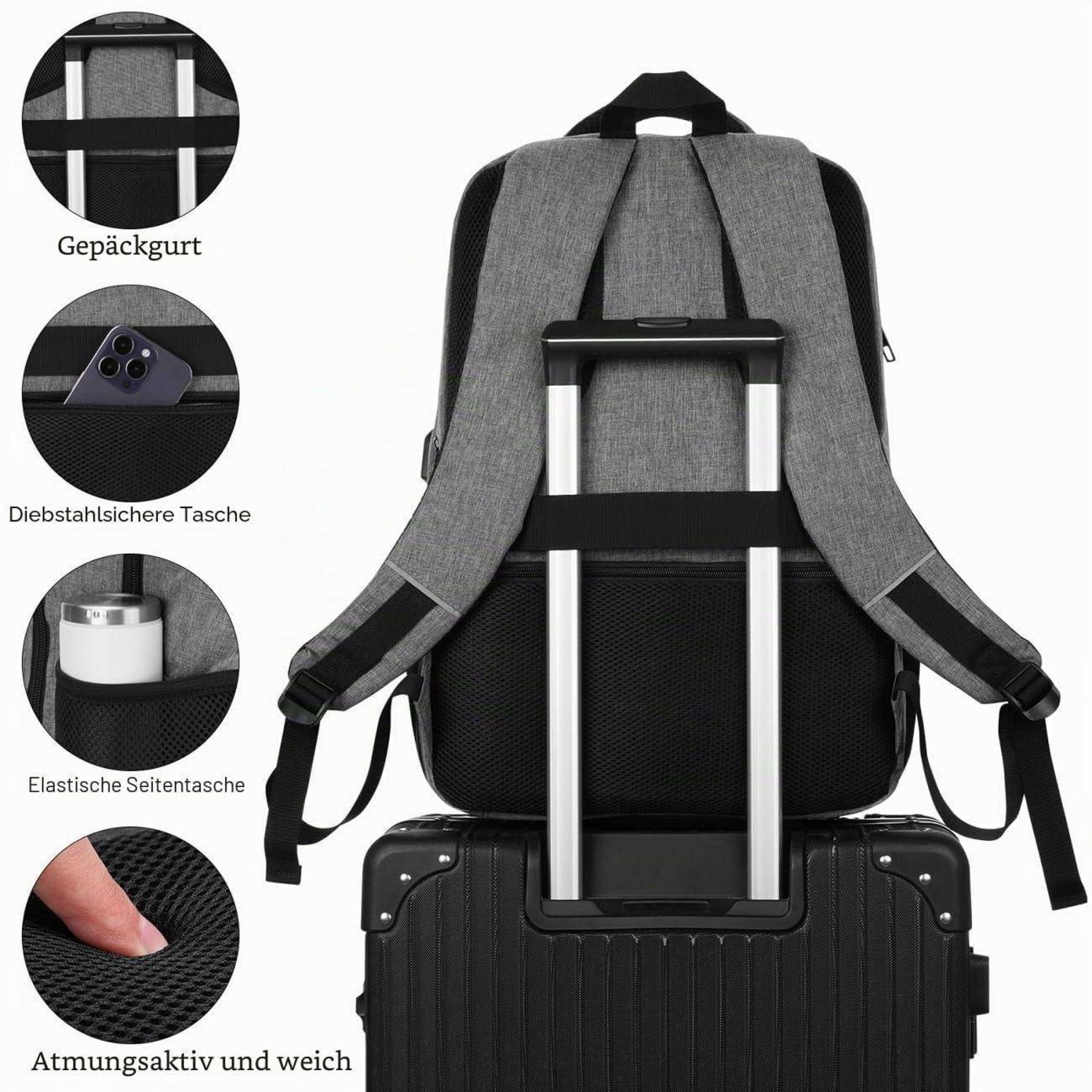 Grauer Rucksack mit Koffergurt, Diebstahlschutz-Tasche, elastischer Seitentasche und atmungsaktiver Polsterung; abgebildet mit Gepäck für Reisen.