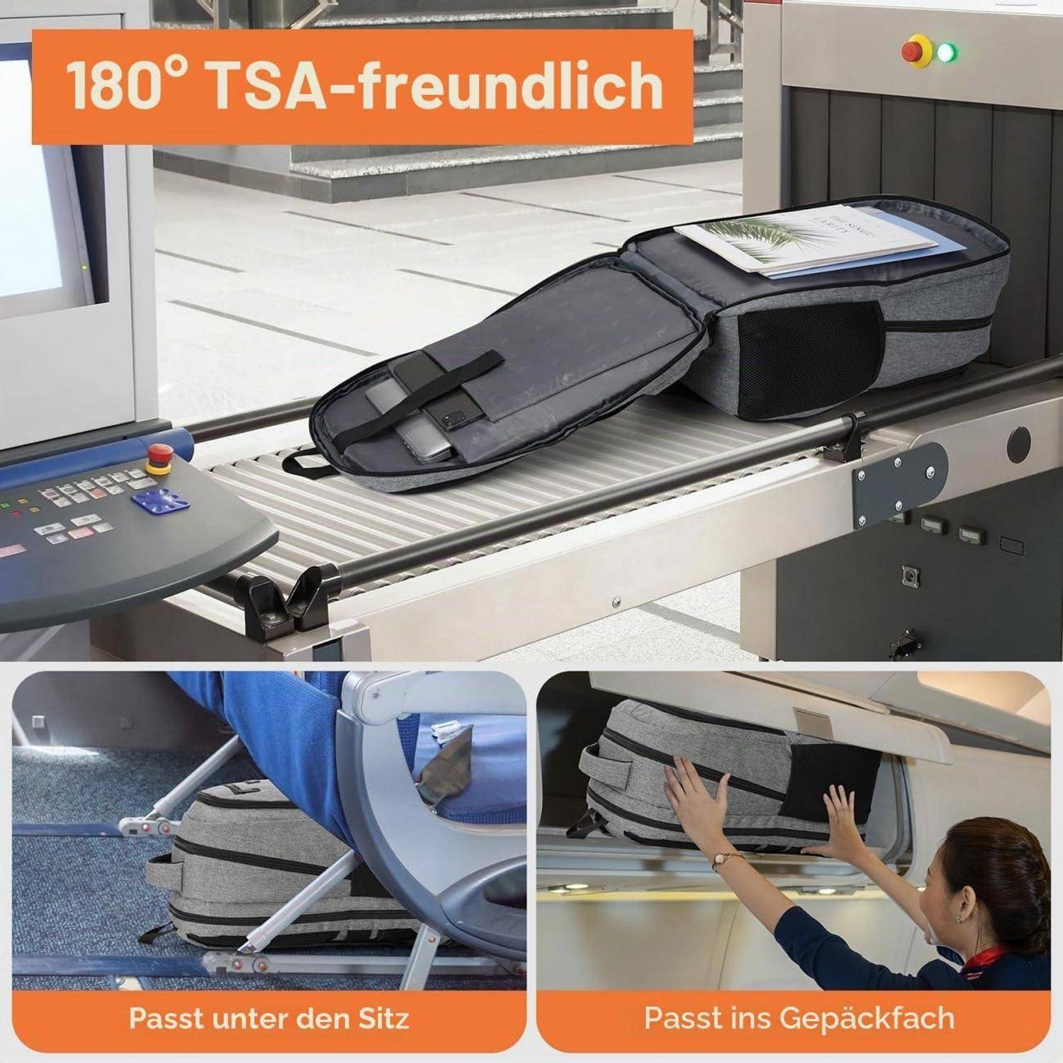 Reisetasche auf dem Förderband der Flughafensicherheit mit dem Label „180° TSA-freundlich", das zeigt, dass sie sich flach zusammenfalten lässt, um unter einem Sitz oder in einem Gepäckfach Platz zu finden.