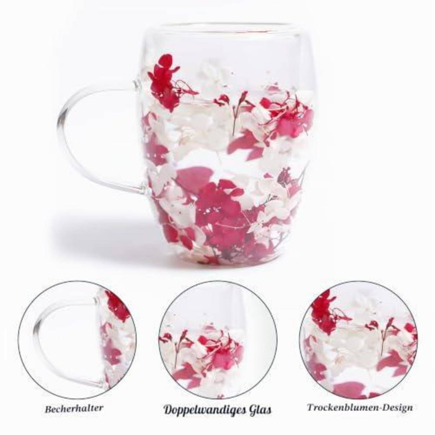 Klare Glastasse mit Henkel, verziert mit roten und weißen getrockneten Blumen; drei Nahaufnahmekreise zeigen den Henkel und das Blumendesign hervor.