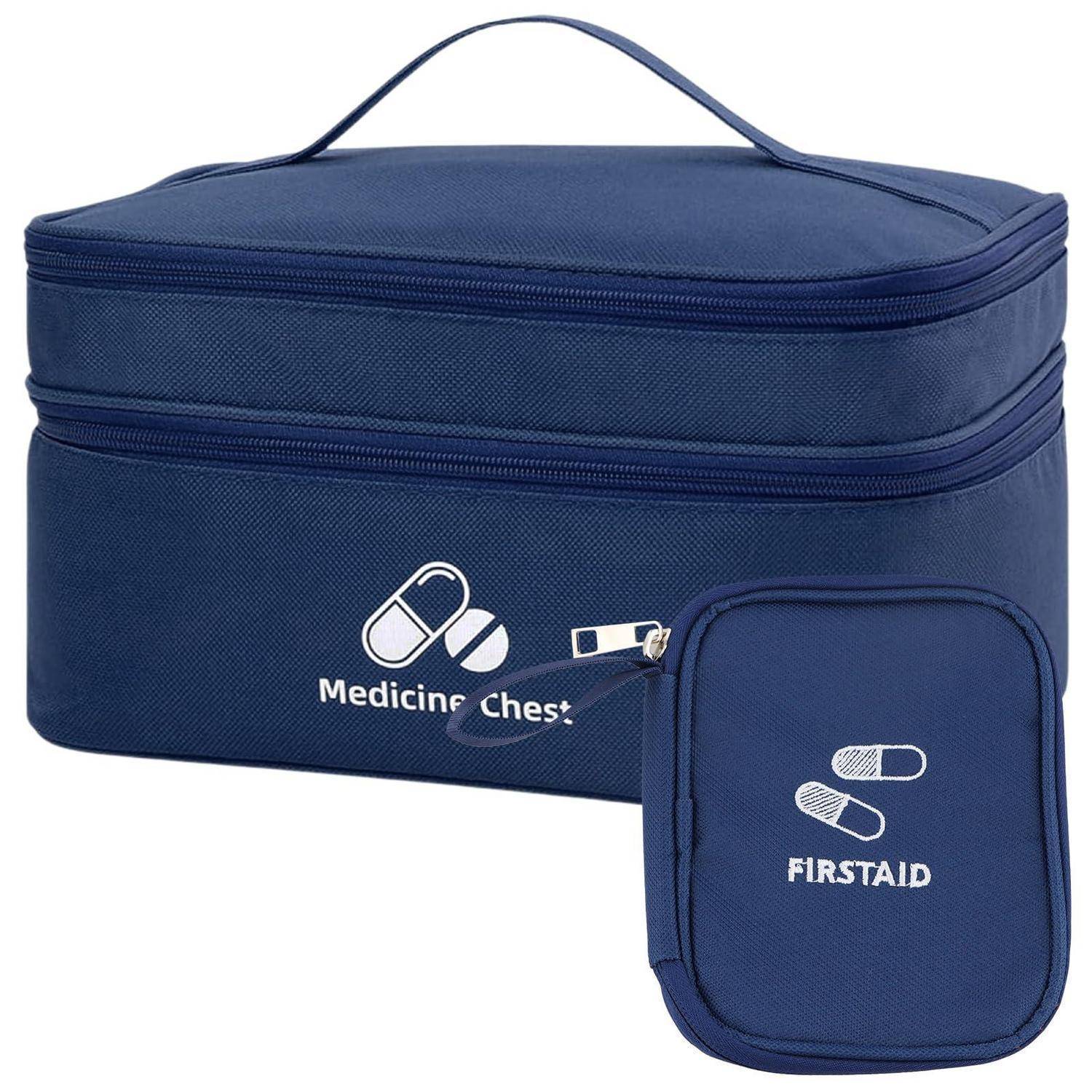 Blaue Medizinschrank mit Reißverschluss und kleine Erste-Hilfe-Tasche mit Griff, beide mit Pillen-Symbolen gekennzeichnet und 