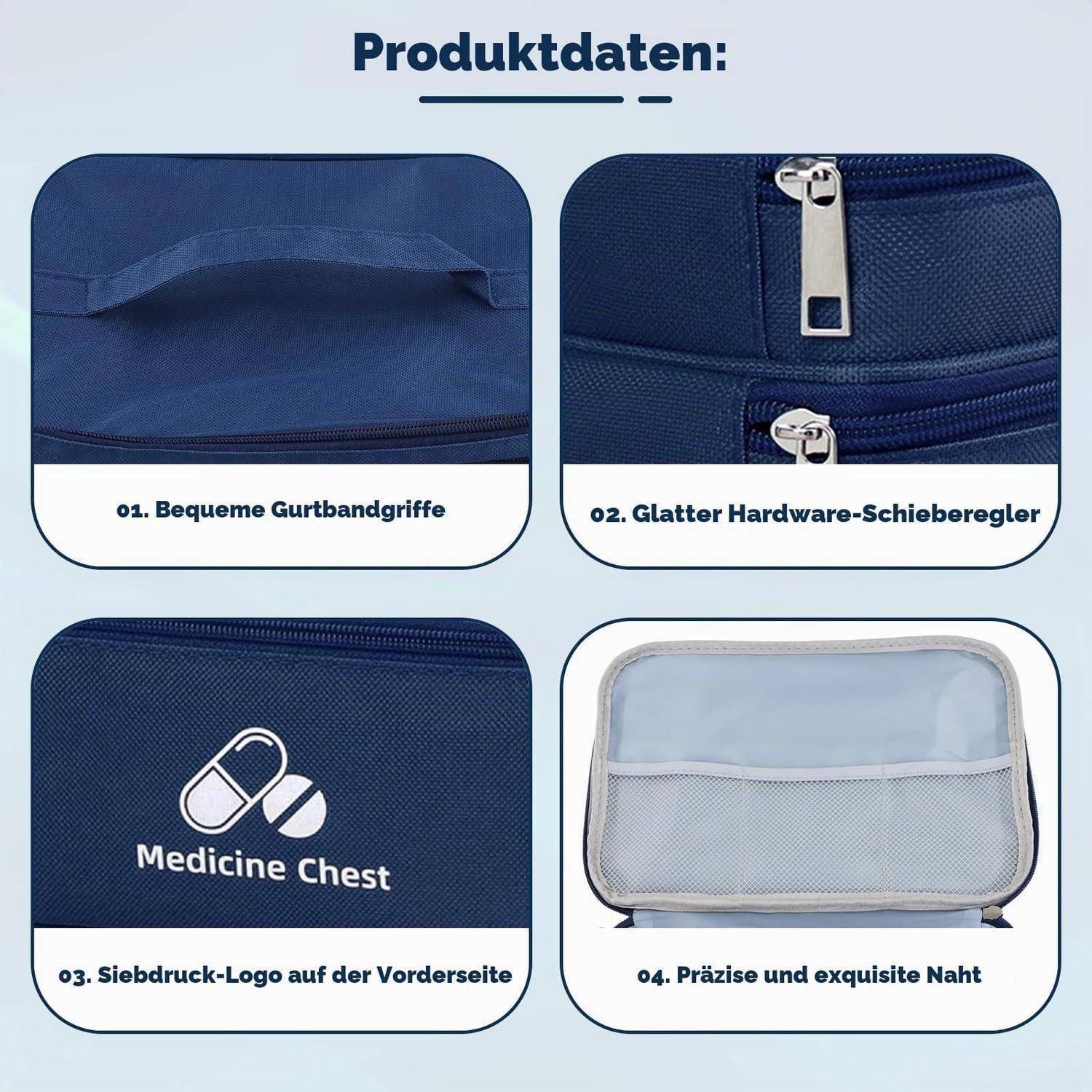 Deutsches Produktdaten-Grafik zeigt eine dunkelblau Medizintasche mit Tragegriff, glatter Reißverschluss, bedrucktem Logo und präzisen Nähten sowie einen hellgefärbten Tascheneinsatz.