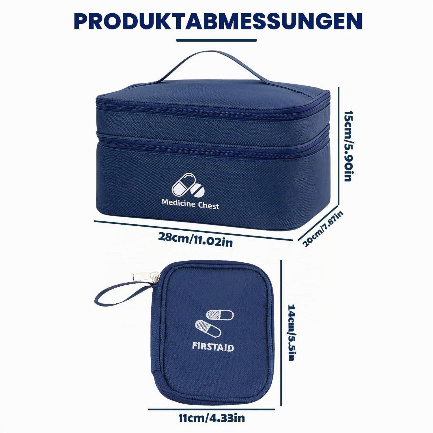 Produktdimensionsdiagramm für einen blauen Erste-Hilfe-Koffer: Hauptgehäuse 28 cm breit, 20 cm tief, 15 cm hoch; kleinere Tasche 11 cm breit, 14 cm hoch.