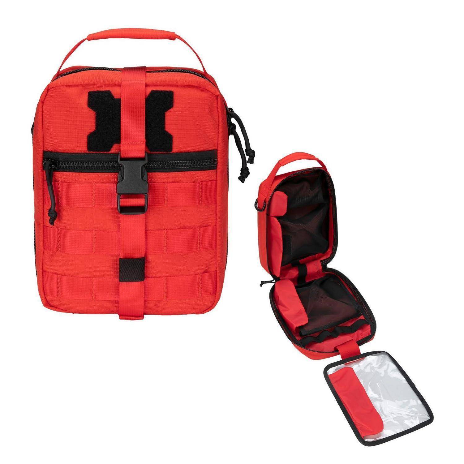 Rote taktische Erste-Hilfe-Tasche mit vorderer Reißverschlusstasche und Riemen; geöffnet, um schwarze Innenfächer und transparente Ausweisfenster-Tasche zu zeigen.