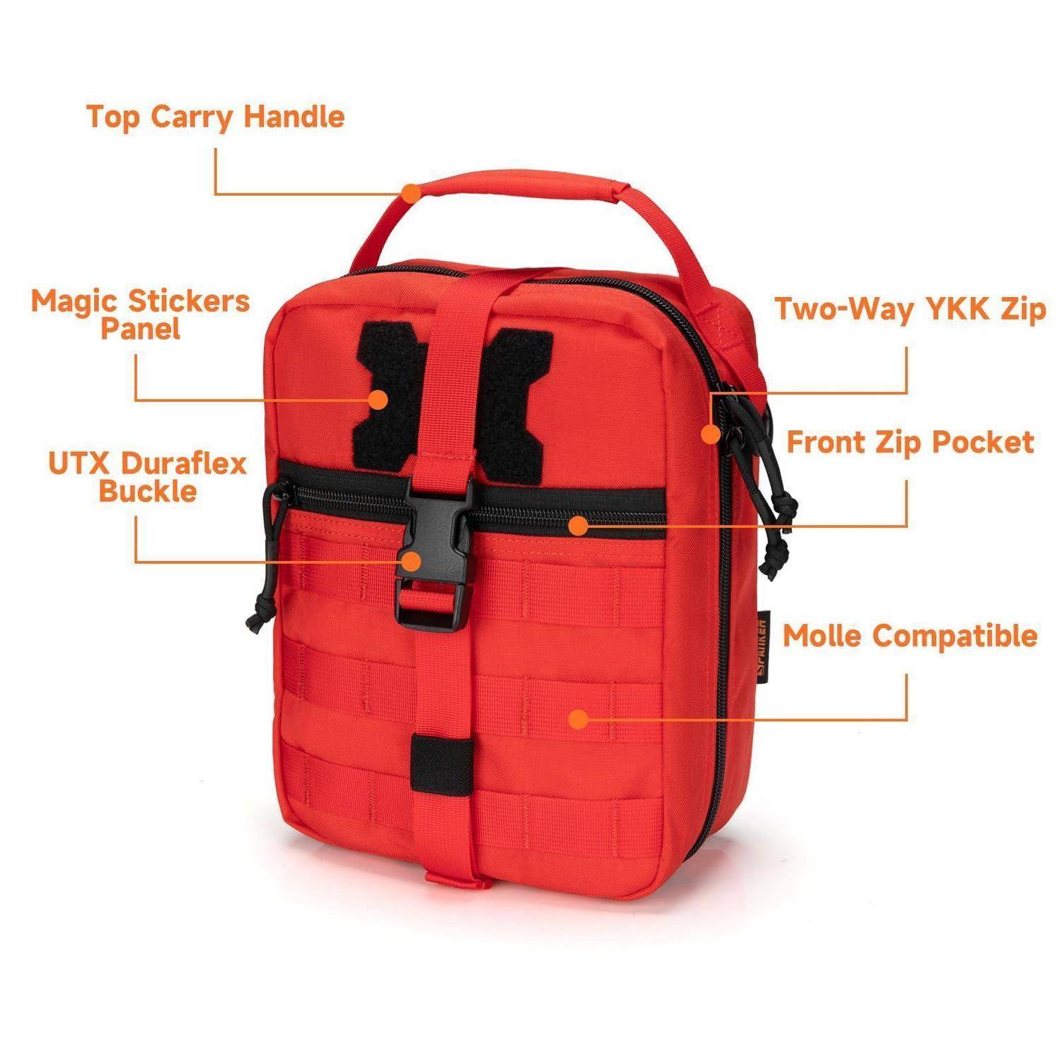 Roter taktischer Rucksack mit gekennzeichneten Funktionen: oberer Tragegriff, Klettflächenpanel, UTX Duraflex Schnalle, zweiseitige YKK Reißverschluss, vordere Reißverschlusstasche und MOLLE-Kompatibilität.