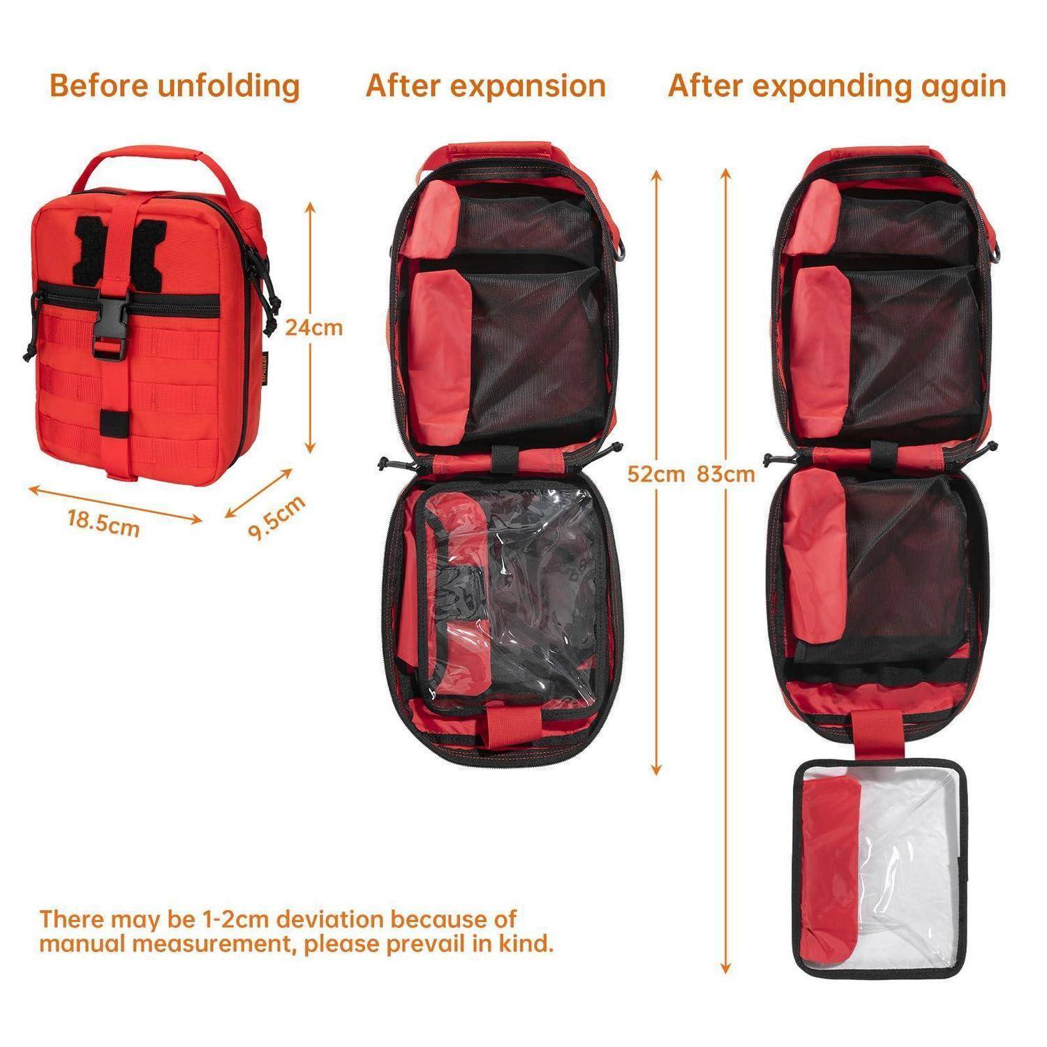 Diagramm eines roten Rucksacks, das drei Zustände zeigt: vor dem Entfalten, nach der Erweiterung und nach erneutem Erweitern, mit Größenbezeichnungen 24cm, 18,5cm, 9,5cm, 52cm und 83cm.