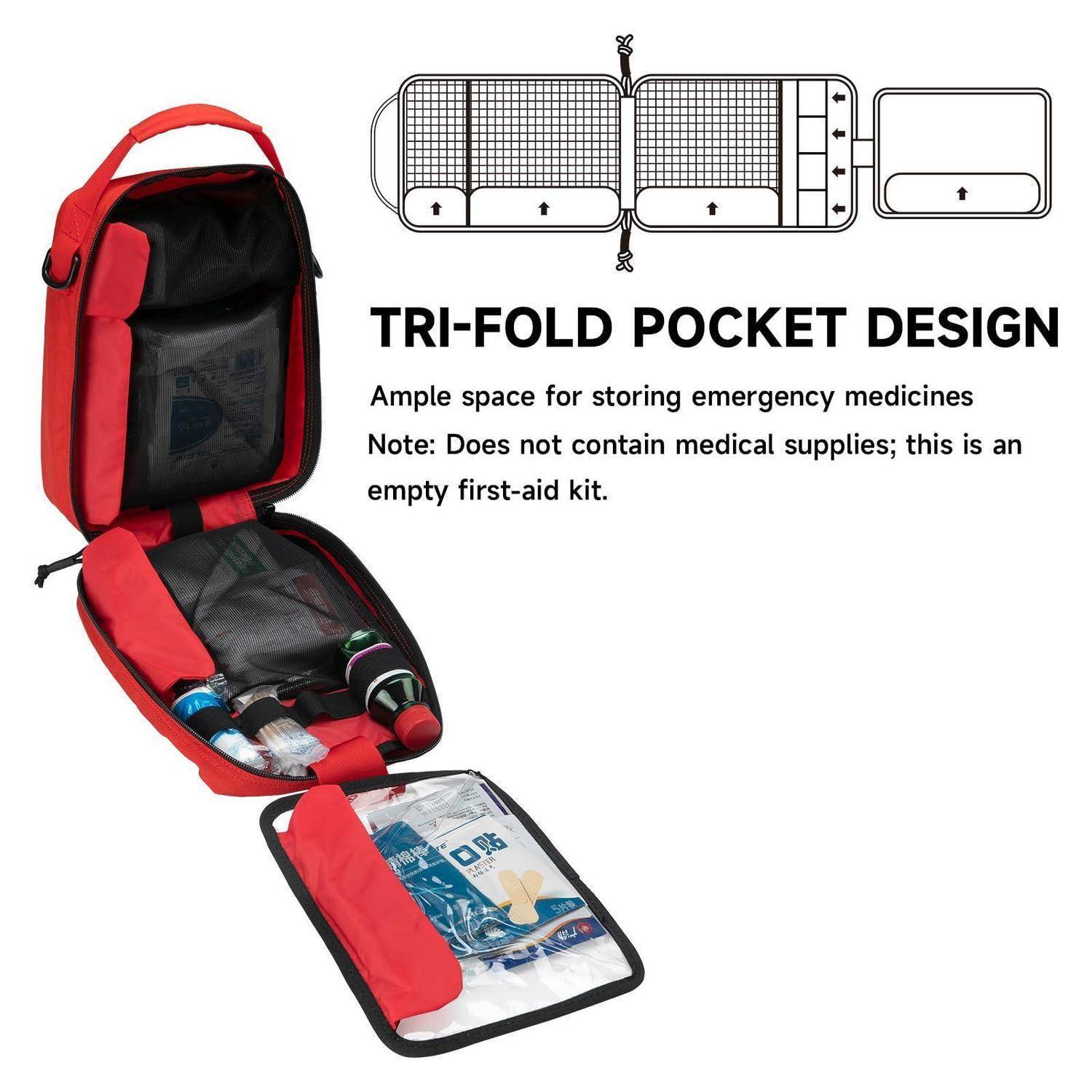 Rotes Erste-Hilfe-Set mit dreiteiligem Taschenentwurf-Illustration, das viel Platz für Notfallmedikamente bietet; Notiz besagt, dass es keine medizinischen Materialien enthält.
