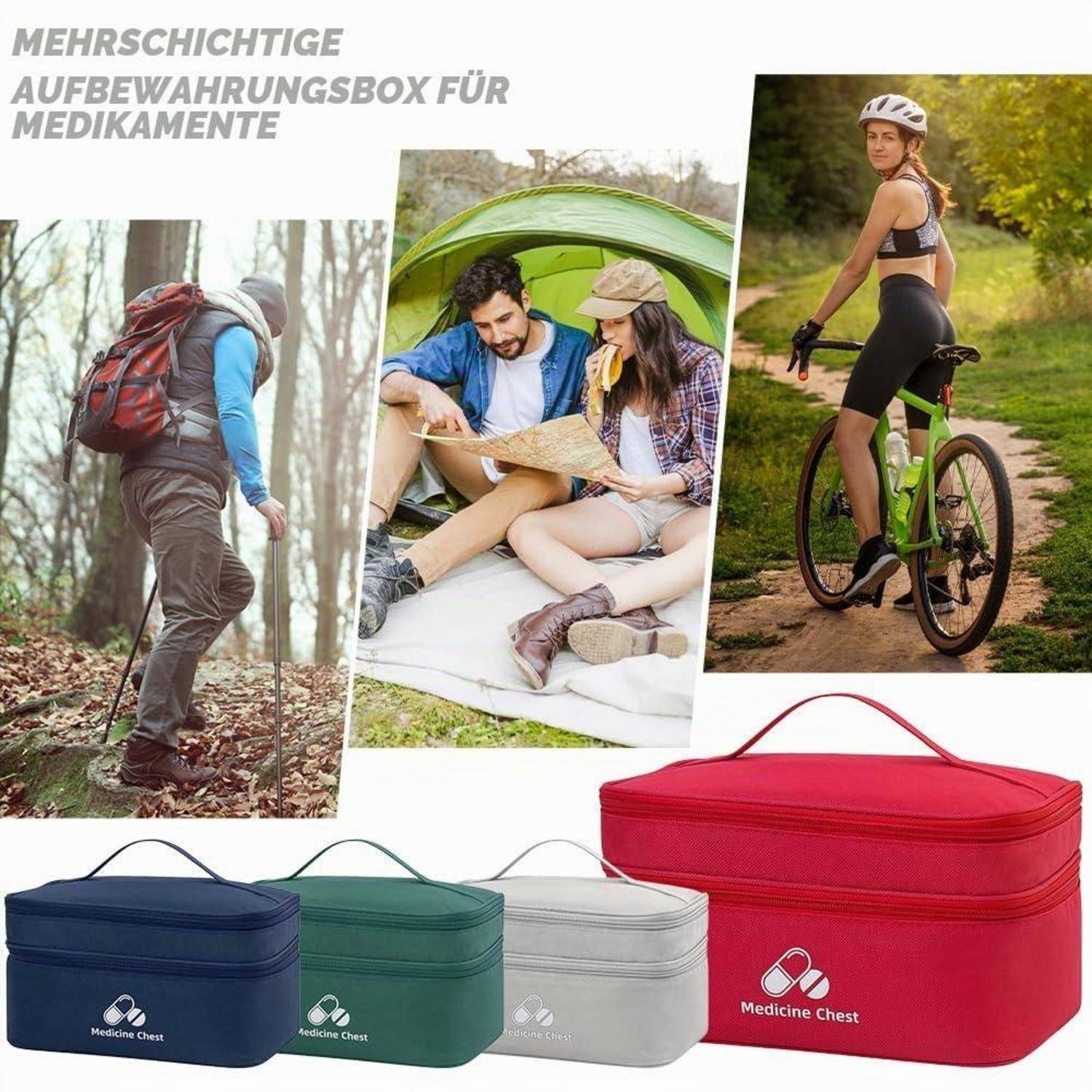 Collage von Outdoor-Aktivitäten und vier verschlossenen Medizinaufbewahrungsboxen in verschiedenen Größen und Farben, beschriftet mit „Medizinschrank".