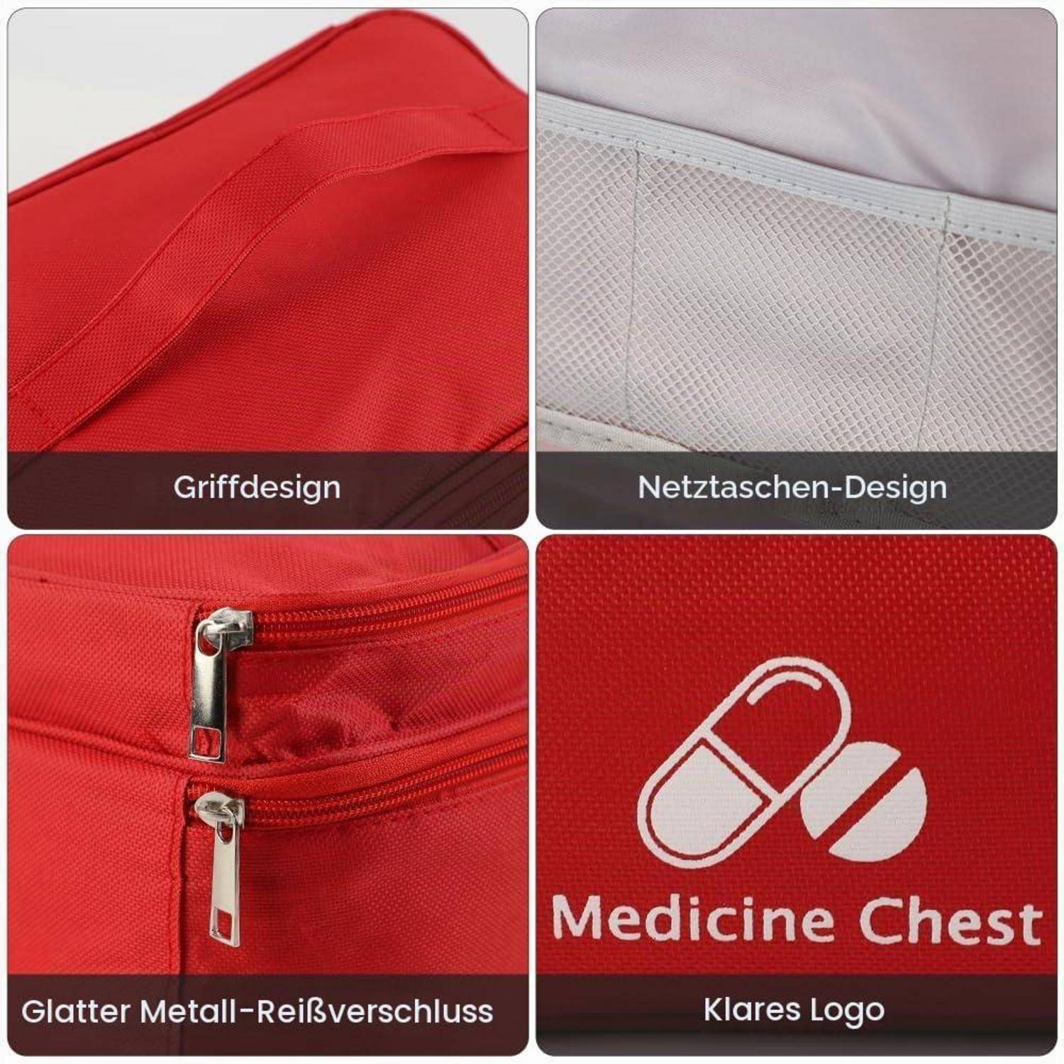 Vierteiliges Produktbild einer roten Erste-Hilfe-Tasche, das die Griffmulde, die Netztasche, den glatten Metallreißverschluss und das klare Logo „Medicine Chest" zeigt.