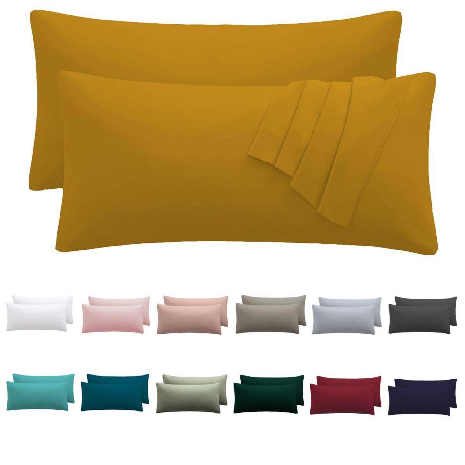 Senfgelbes Kissenbezug-Set mit zwei Kissenbezügen, dargestellt, plus kleinere Farbmuster, die verfügbare Farben in Weiß, Rosa, Beige, Grau, Blau, Blaugrün, Grün, Rot und Marineblau zeigen.