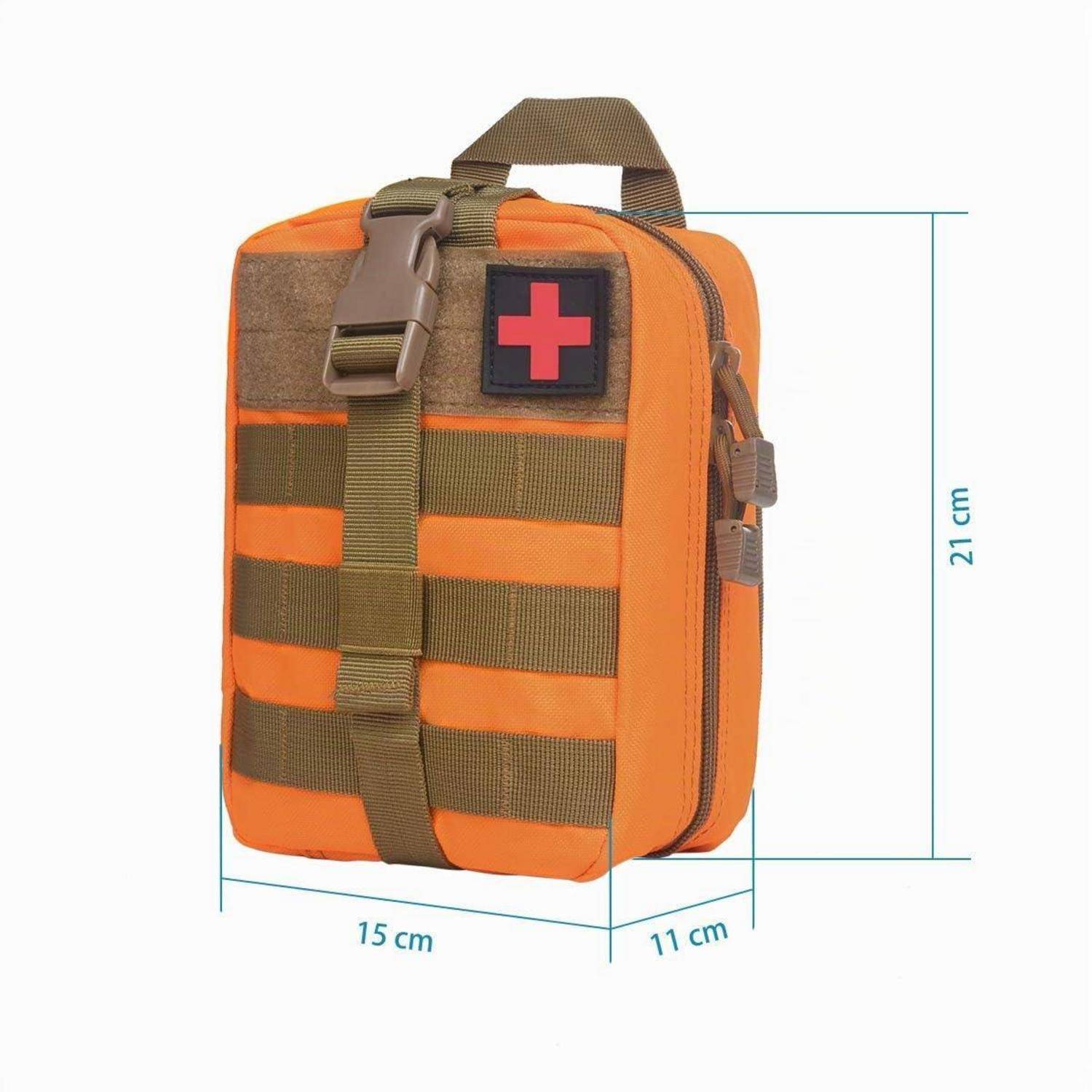 Orange Erste-Hilfe-Tasche mit rotem Kreuzpflaster und Riemen, gezeigt mit Abmessungen 15 cm breit, 11 cm tief, 21 cm hoch.
