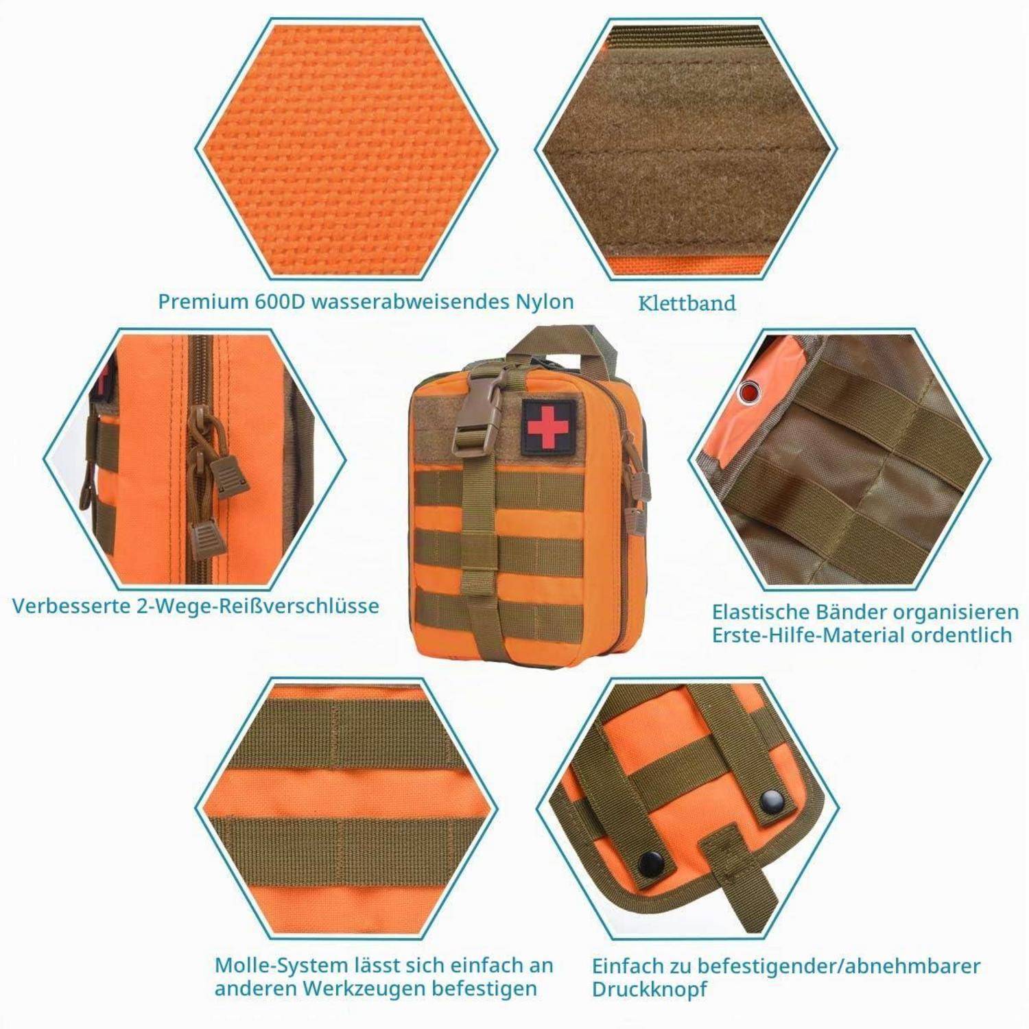 Orange Erste-Hilfe-Rucksack mit Sechskant-Callouts, die langlebares 600D-Nylon, Klettverschluss, Reißverschlüsse, elastische Organizer und MOLLE-Befestigungssystem zeigen.
