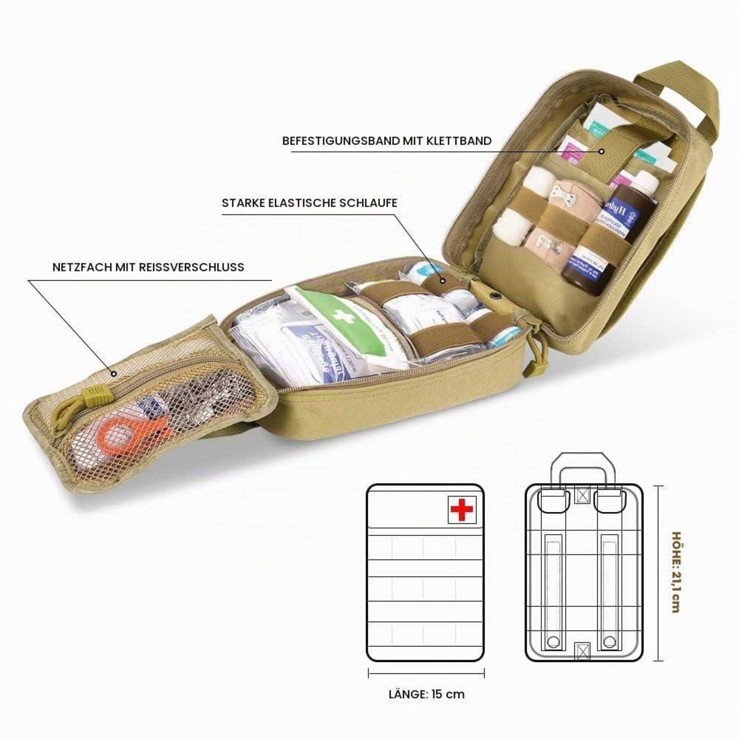 Beschrifteter Erste-Hilfe-Set-Organizer mit Mesh-Reißverschlusstasche, elastischer Schlaufe und Klettverschlussriemen; Größendiagramm zeigt 15 cm lang und 21 cm hoch.