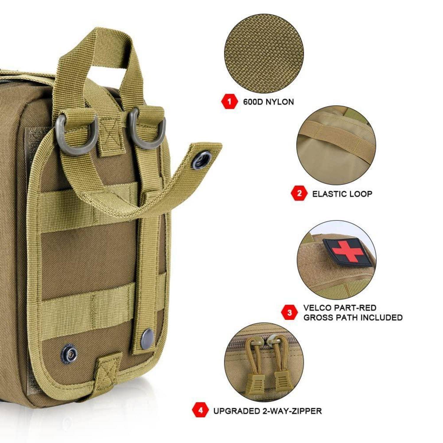 Beige taktischer Beutel mit Griffen und Schlaufen, gezeigt mit vier gekennzeichneten Funktionen: 600D Nylon, elastische Schlaufe, Klettverschluss-Patch enthalten, und verbesserter 2-Wege-Reißverschluss.