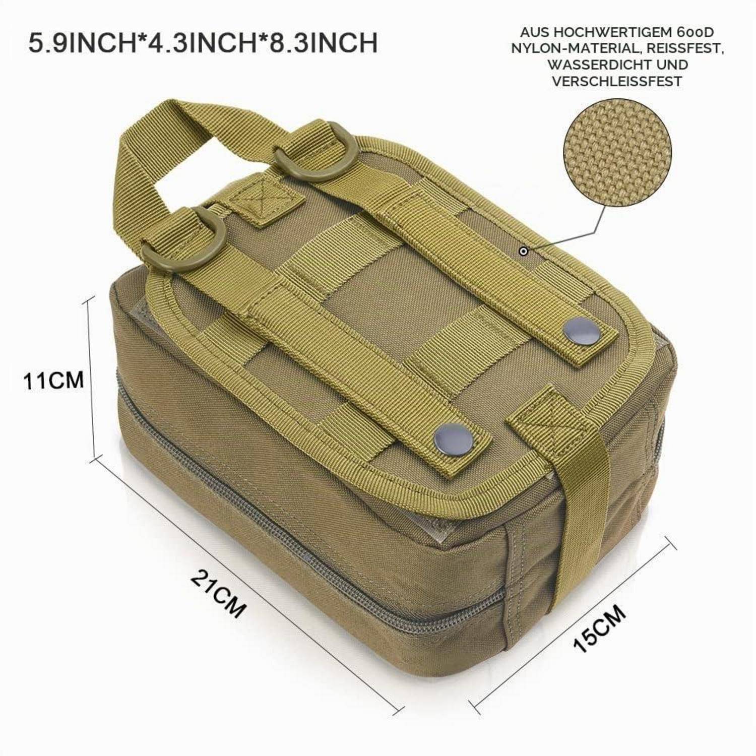 Olivfarbene taktische Transporttasche mit Obengriffer und Trägern, gezeigt mit Abmessungen 21 x 15 x 11 cm und Text, der auf 600D-Nylon, wasser- und verschleißfest hinweist.
