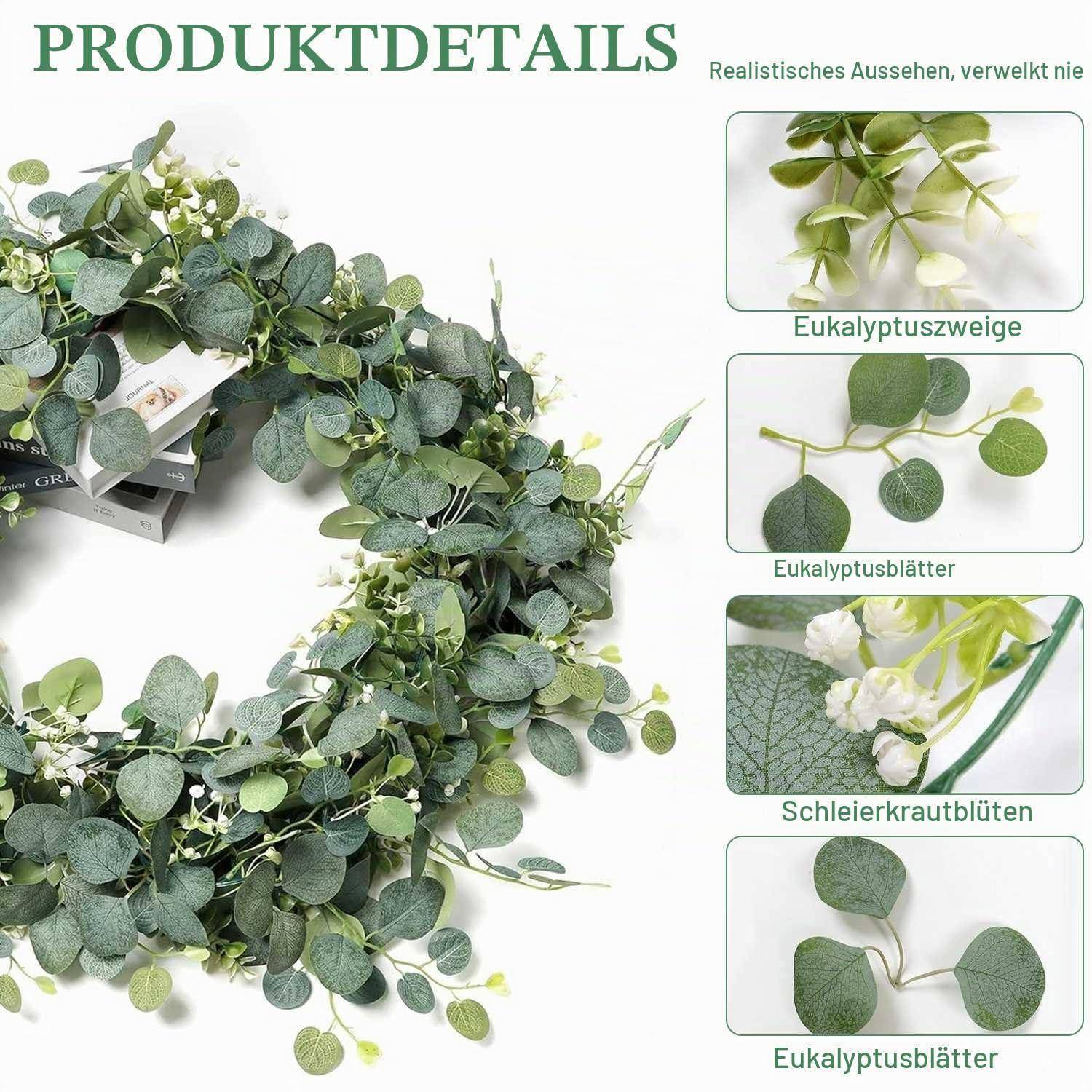 Produktdetailbild einer grünen künstlichen Eukalyptusgirlande mit weißen Blüten, zusätzlich Nahaufnahmen mit den Bezeichnungen 'Eukalyptuszweige', 'Eukalyptusblätter' und 'Schleierkrautblüten'.