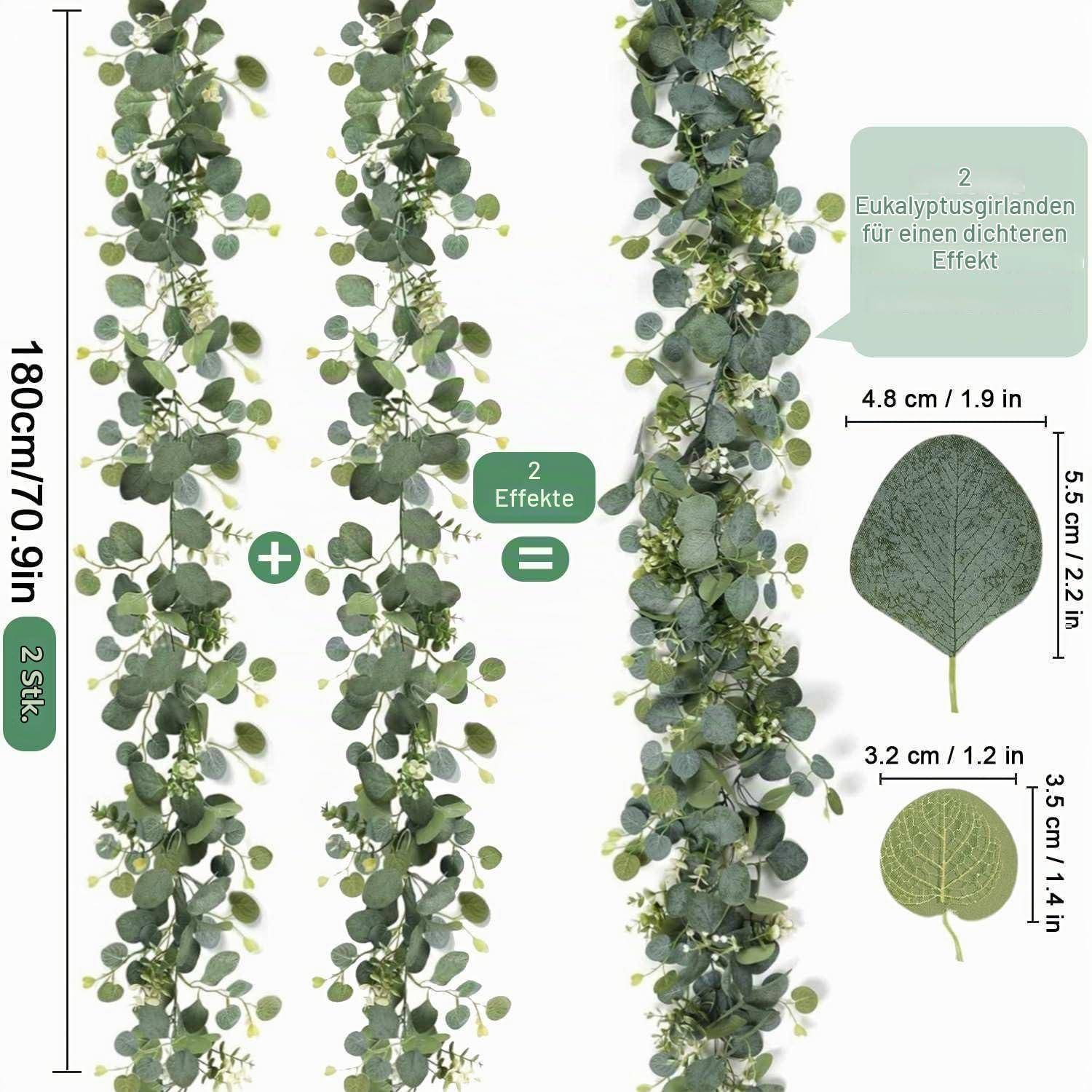 Produktgrafik, die zwei kombinierte 180 cm Eukalyptusgirlandenschweife zeigt, um eine dichtere Optik zu erreichen, mit beschrifteten Blattgrößen und Abmessungen.