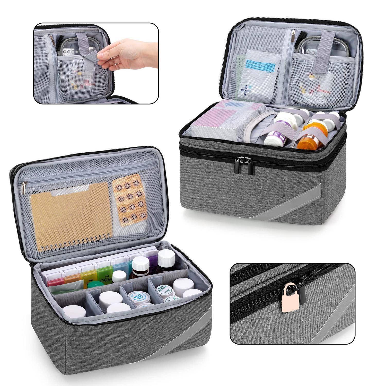 Graue isolierte medizinische Organizer-Tasche mit Reißverschlusdeckel, durchsichtigen Taschen, abnehmbaren Trennwänden und einem Vorhängeschloss, dargestellt beim Lagern von Medikamenten und Utensilien.