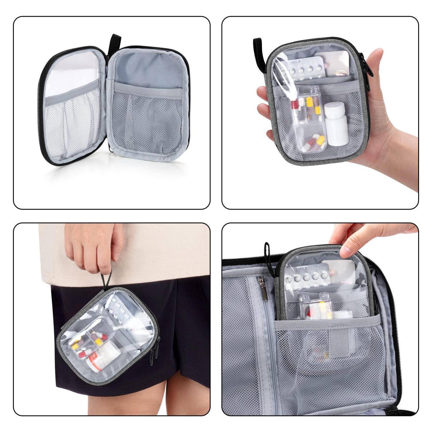 Kompakte graue Mesh-Reise-Kulturtasche offen und in Gebrauch dargestellt, mit transparenter Tasche und elastischem Organizer für kleine Flaschen und Tabletten.