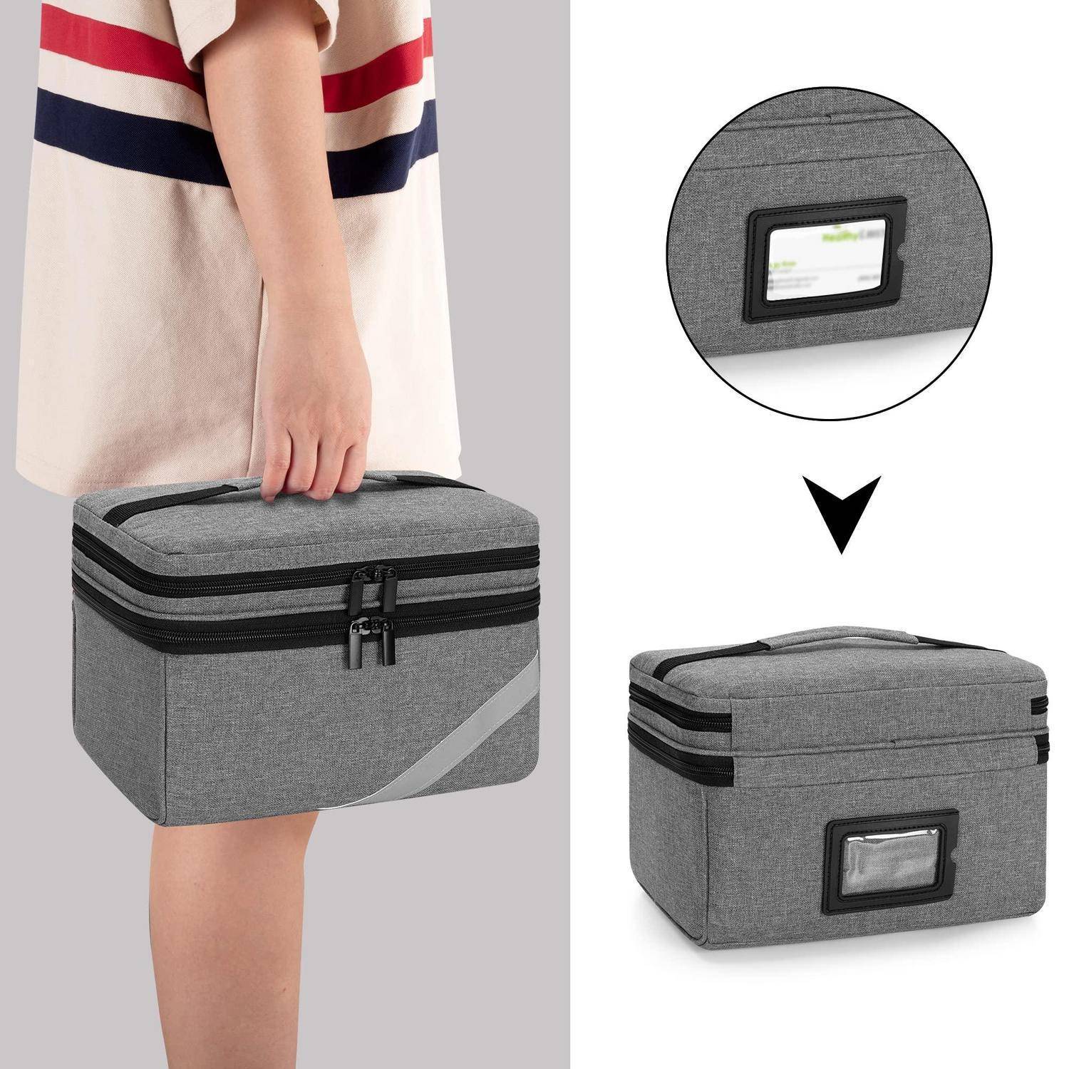 Person, die eine graue isolierte Lunchbox trägt; Inset zeigt eine durchsichtige Ausweistaschenöffnung an der Seite.