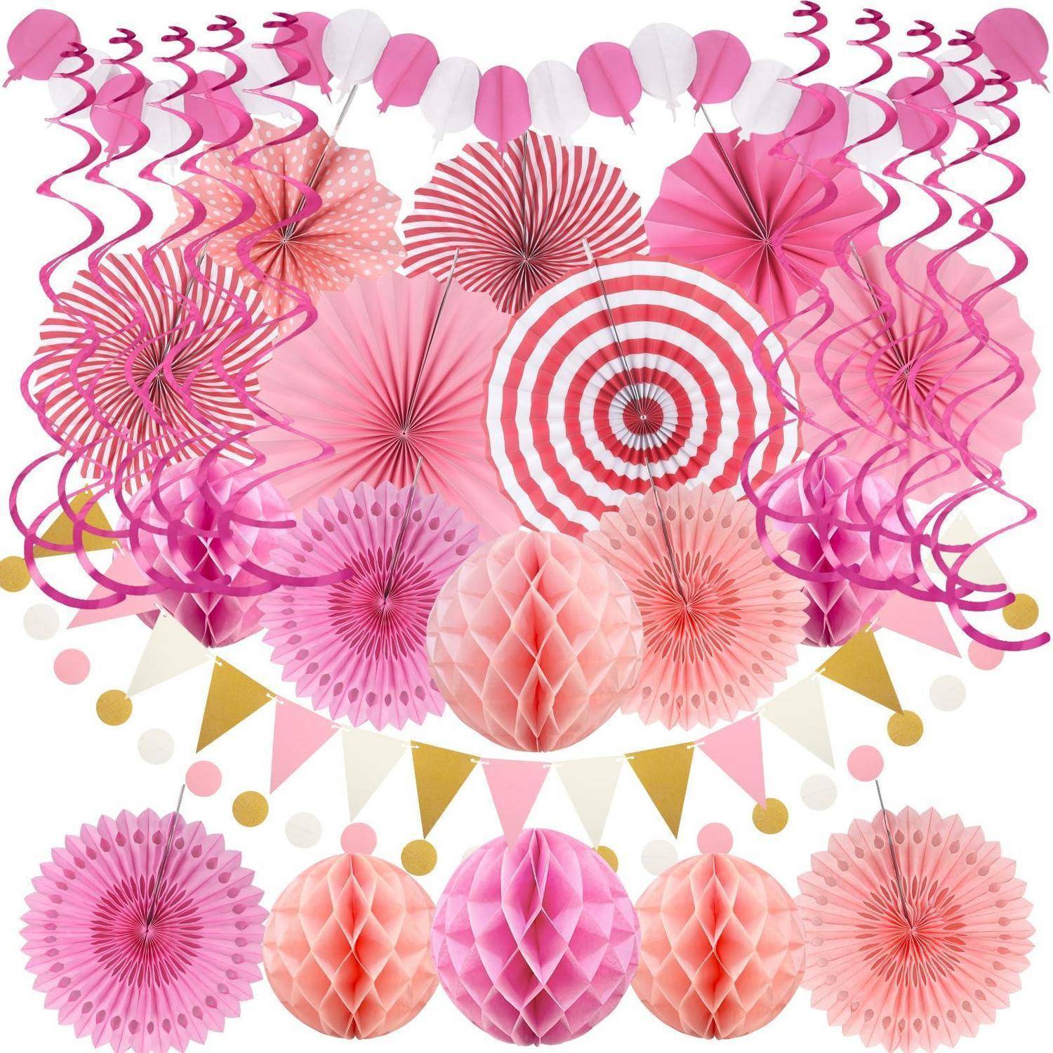Anzeige der Partydekorationen in Rosa mit hängenden Papierfächern, Pompons, Wirbeln und rosa-goldener Girlande auf weißem Hintergrund.