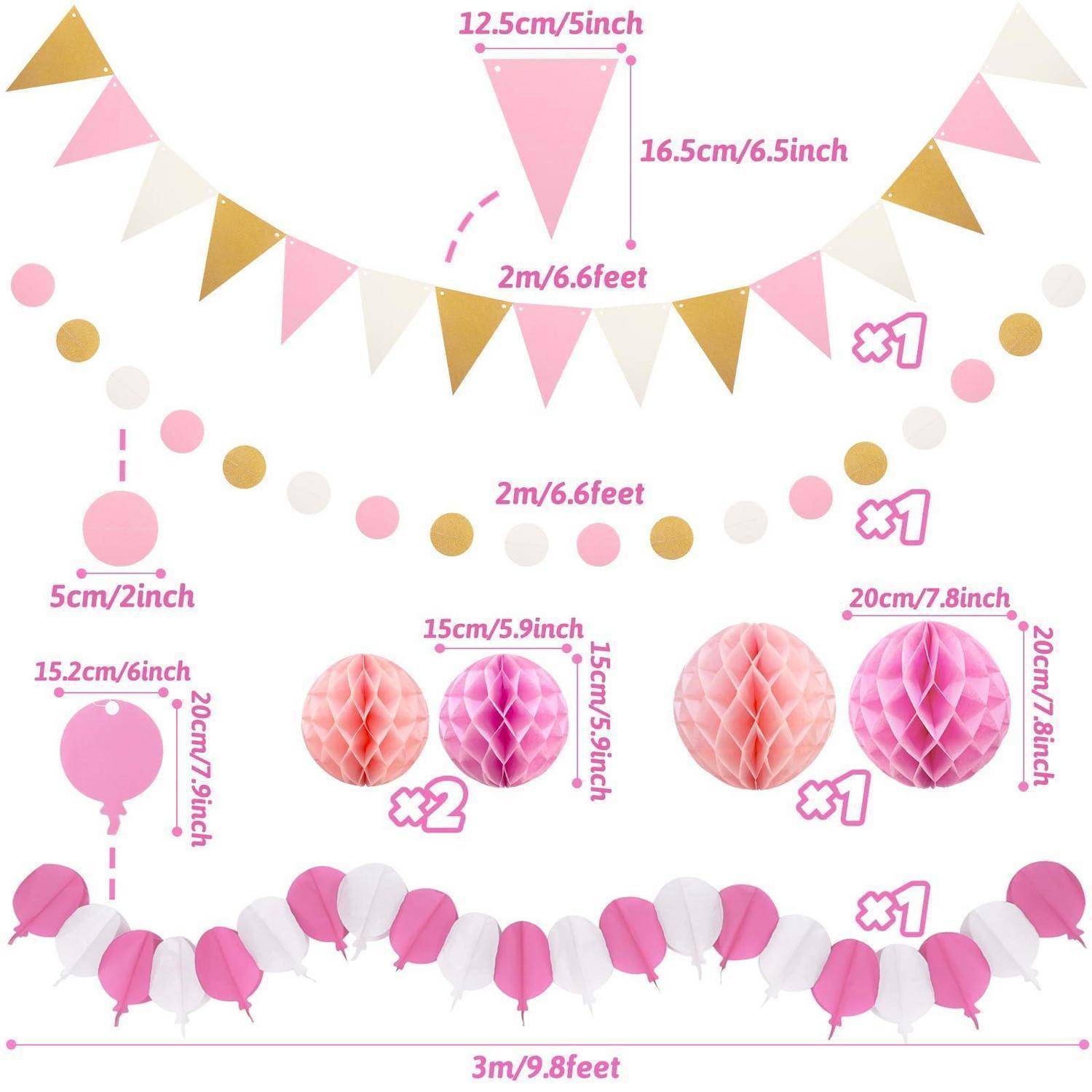 Rosa und goldenes Partydekorations-Set mit Wimpelketten, Papiergirlanden, hängenden Kreisen und Pom-Pom-Bällen mit Größen- und Mengenangaben.