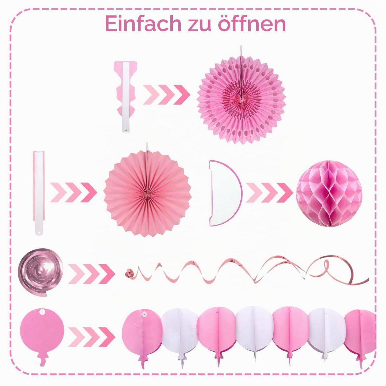 ZERODECO Party-Dekoration Set Rosa Papierfächer Wabenkugeln Girlande