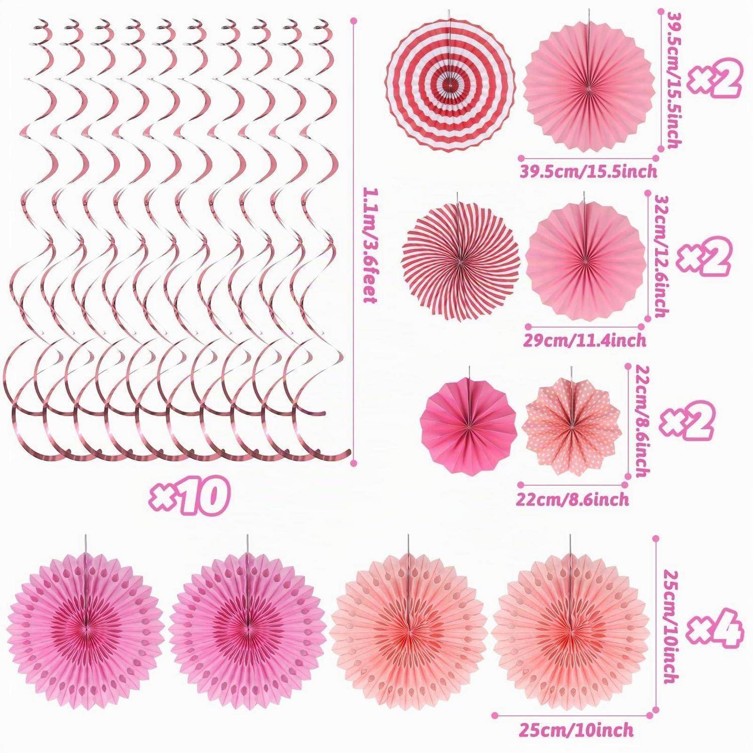 Rosa hängende Papier-Spiralen und Rosetten-Dekorationen, dargestellt als Größenleitfaden mit mehreren Stilen und Mengen, einschließlich x10 und x4 Packungen.